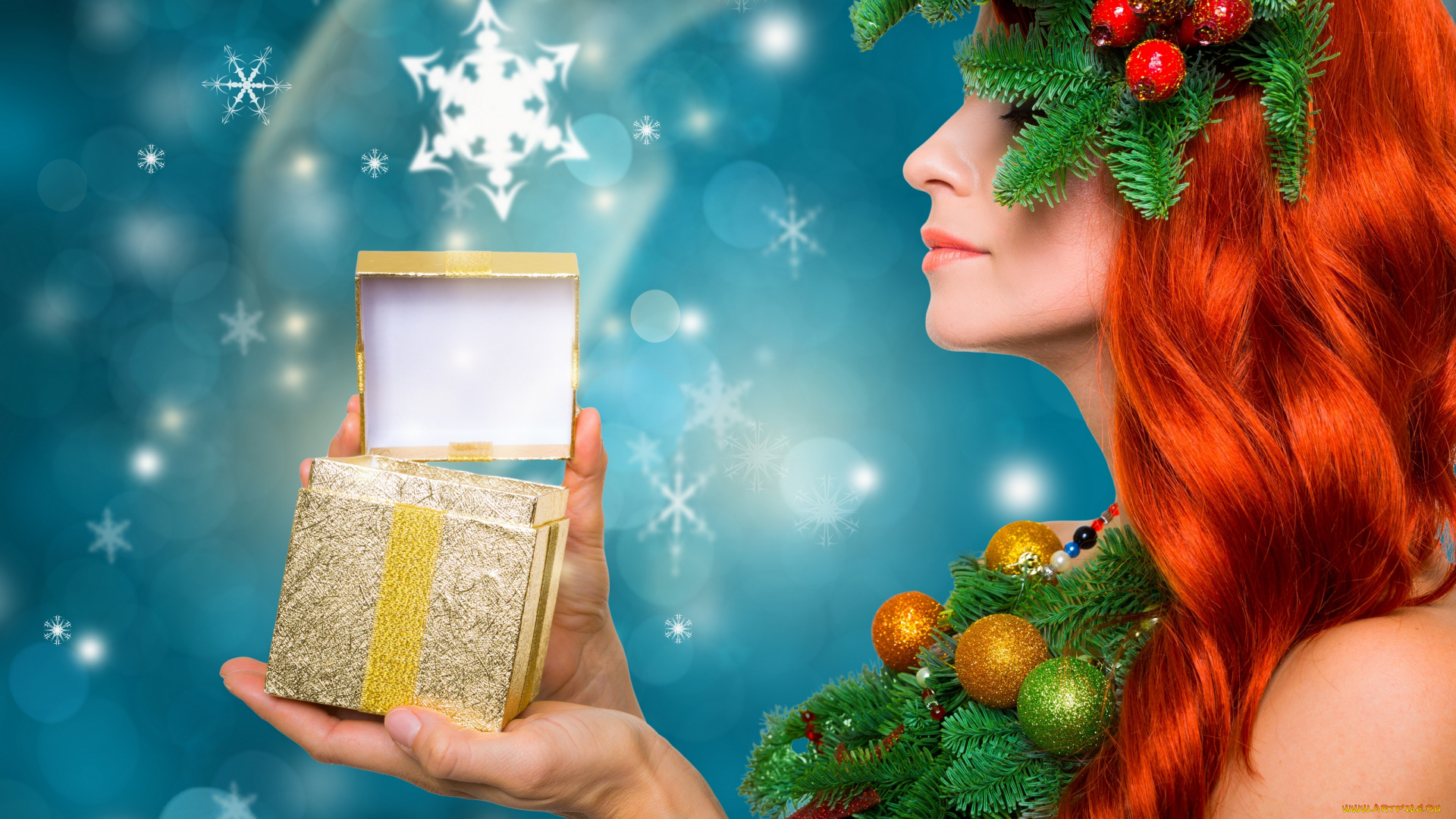 девушки, -unsort, , креатив, коробочка, подарок, рыжеволосая, украшения, ветки, шарики