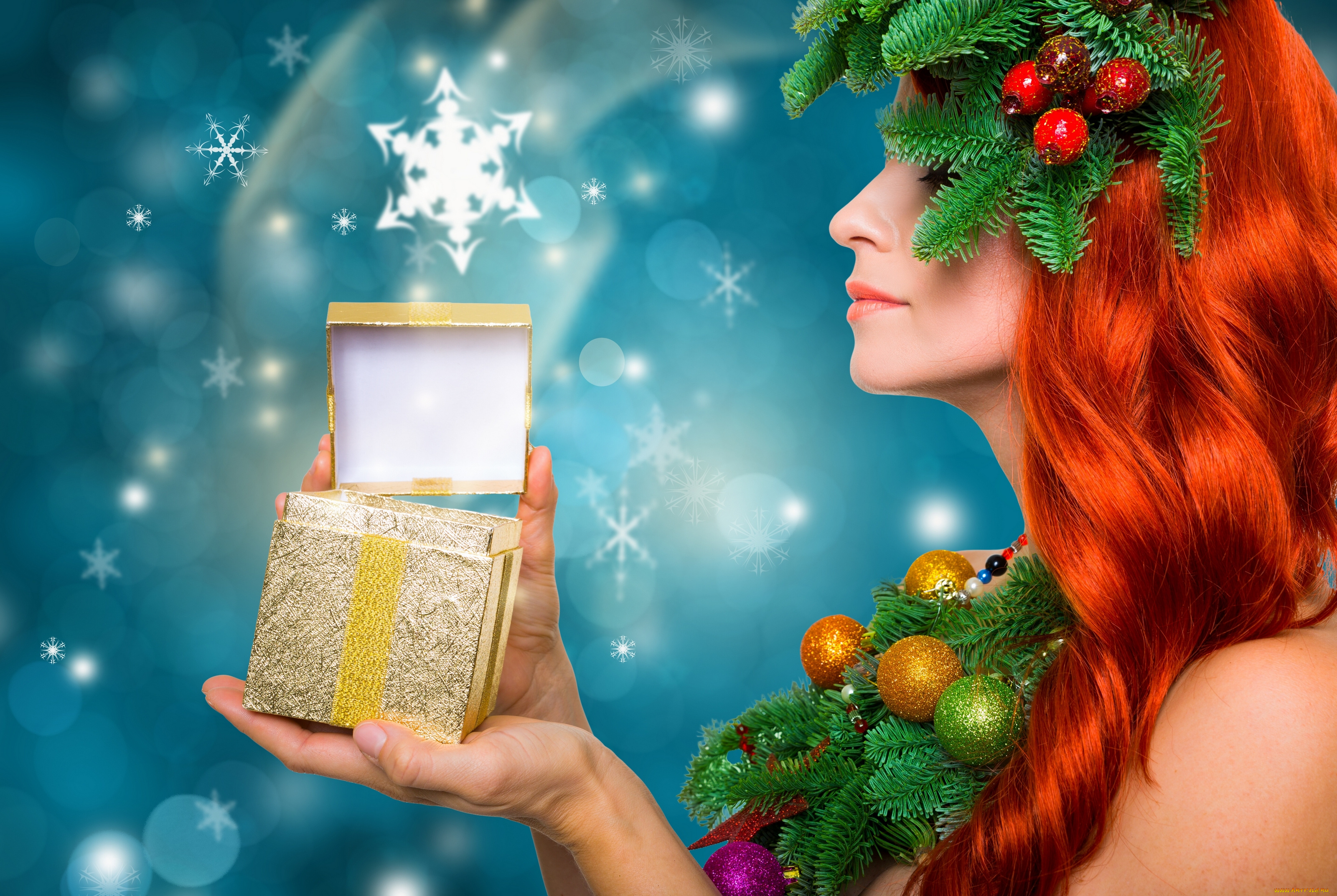 девушки, -unsort, , креатив, коробочка, подарок, рыжеволосая, украшения, ветки, шарики