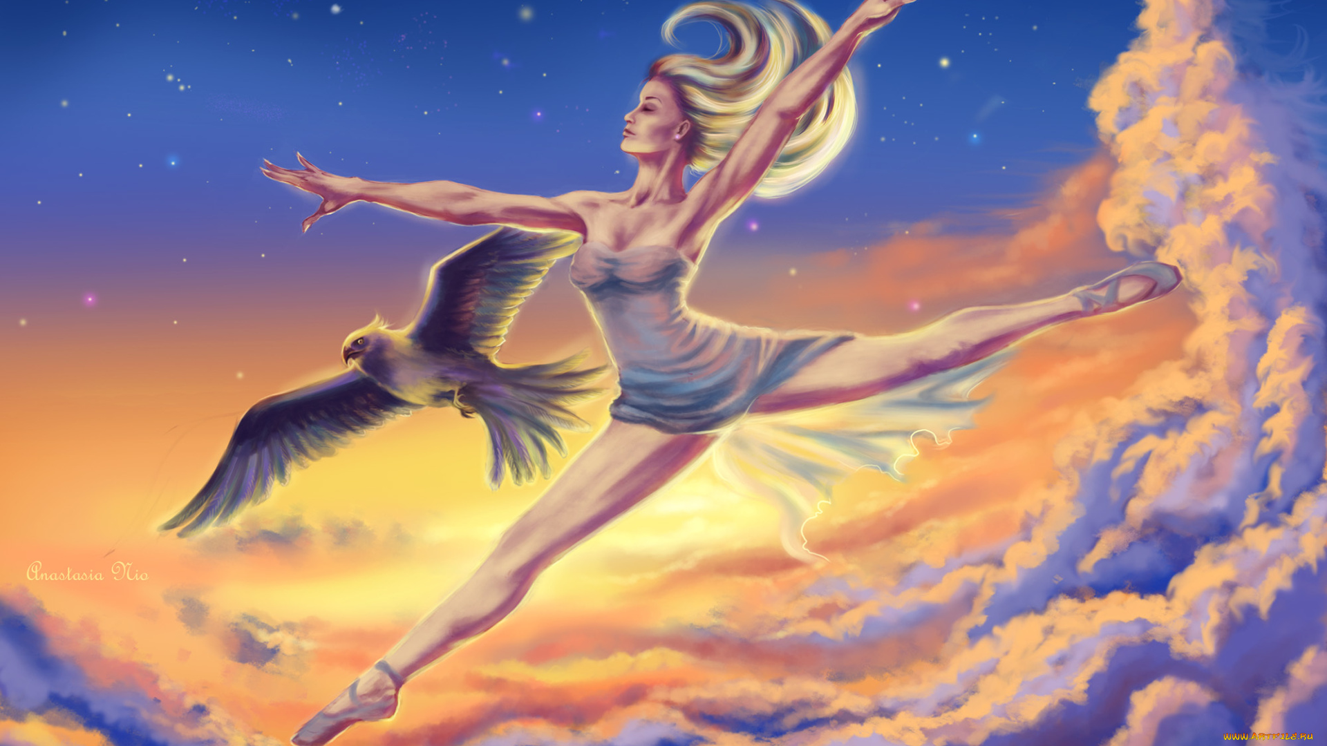 фэнтези, девушки, арт, облака, небо, птица, волосы, профиль, балерина, девушка