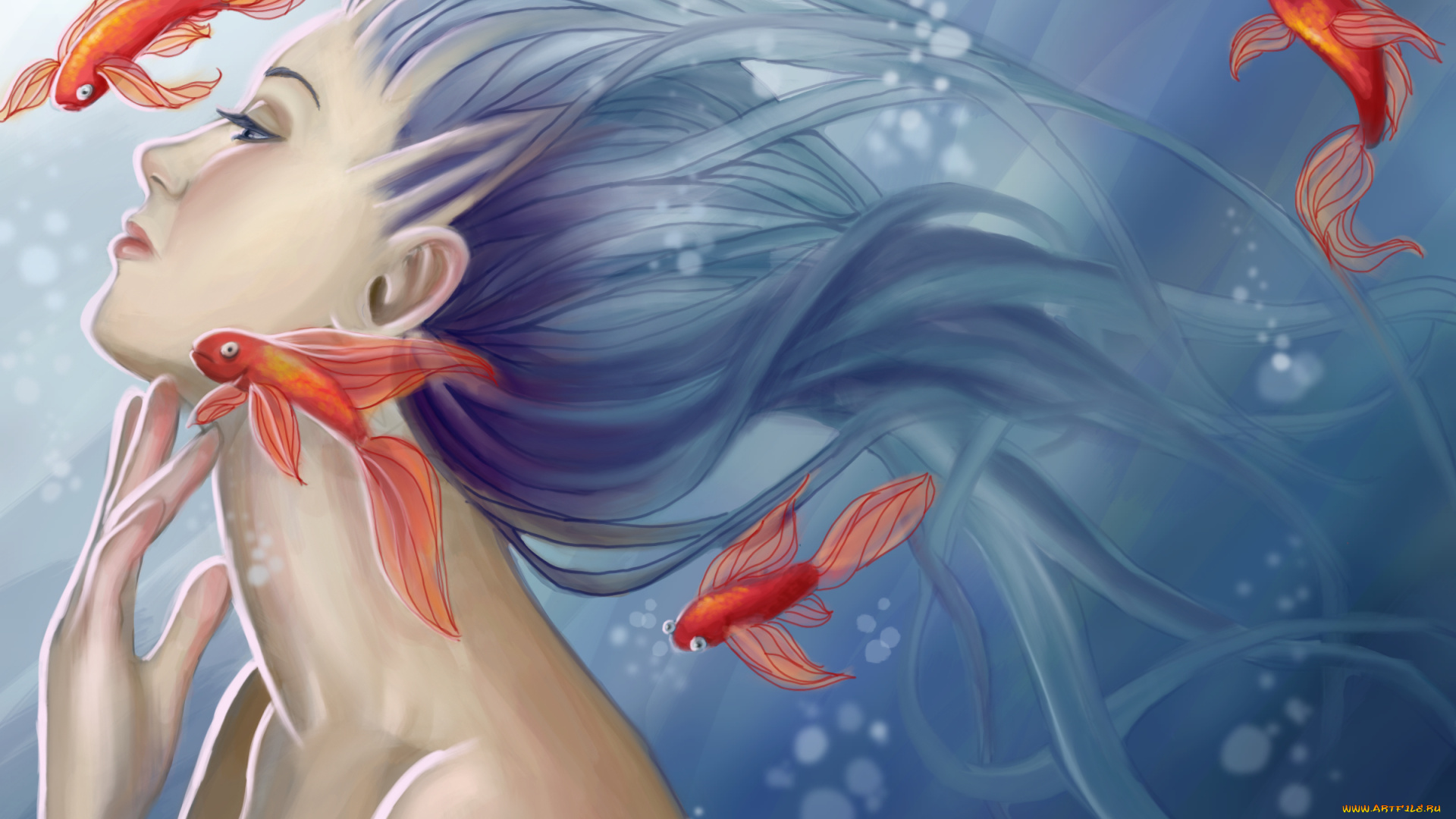 фэнтези, русалки, рыбки, вода, пузырьки, взгляд, профиль, русалка