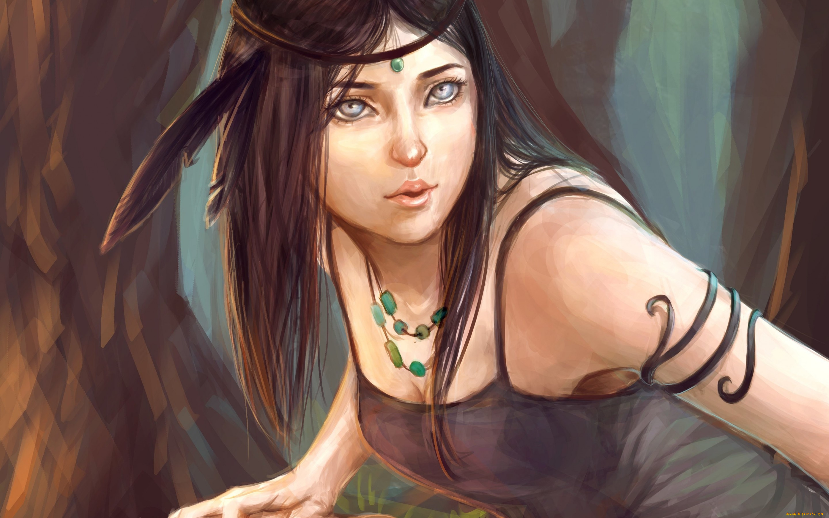 фэнтези, девушки, бусы, перо, взгляд, девушка, арт