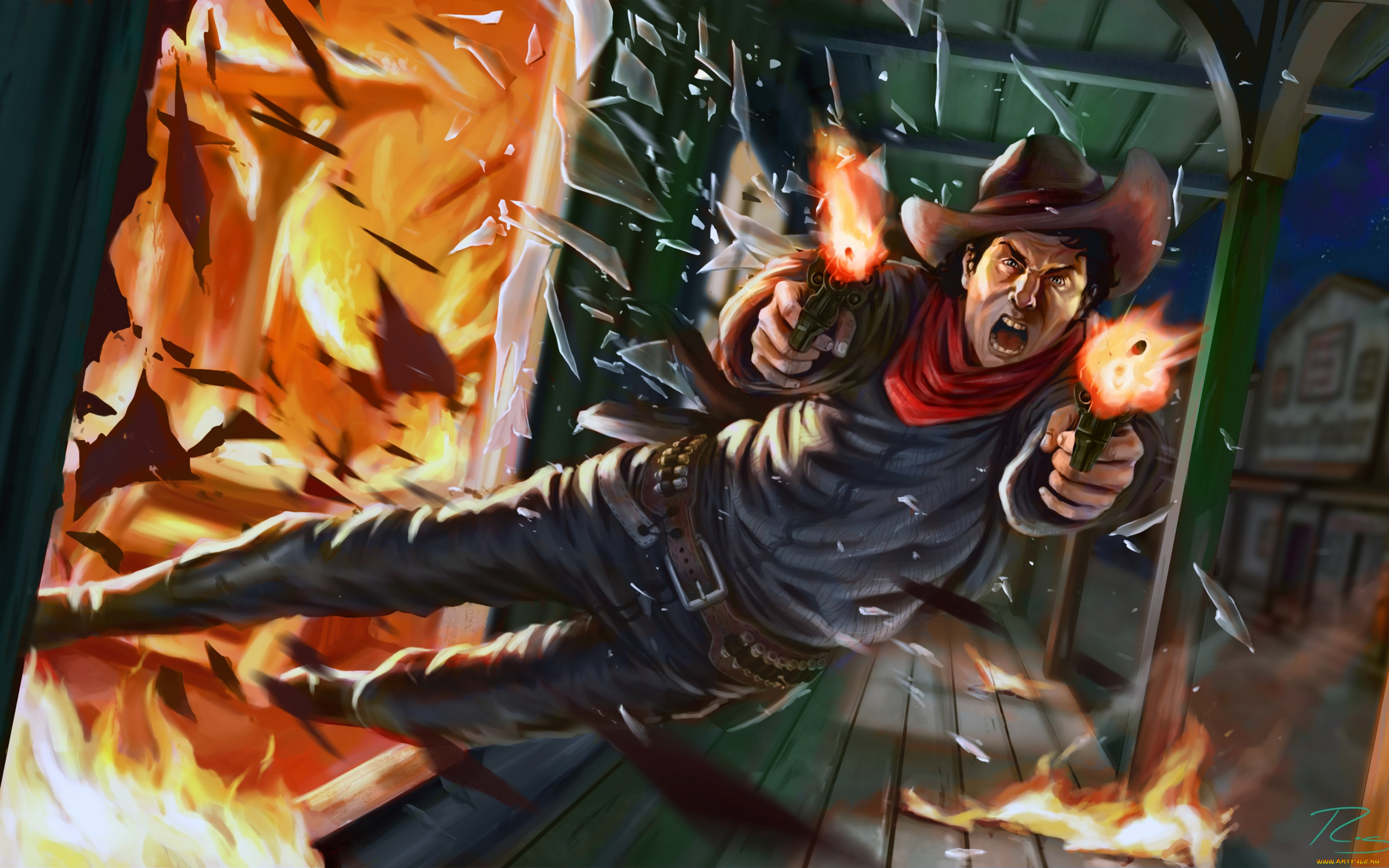 фэнтези, люди, огонь, оружие, шляпа, злоба, ковбой, иллюстрация, арт