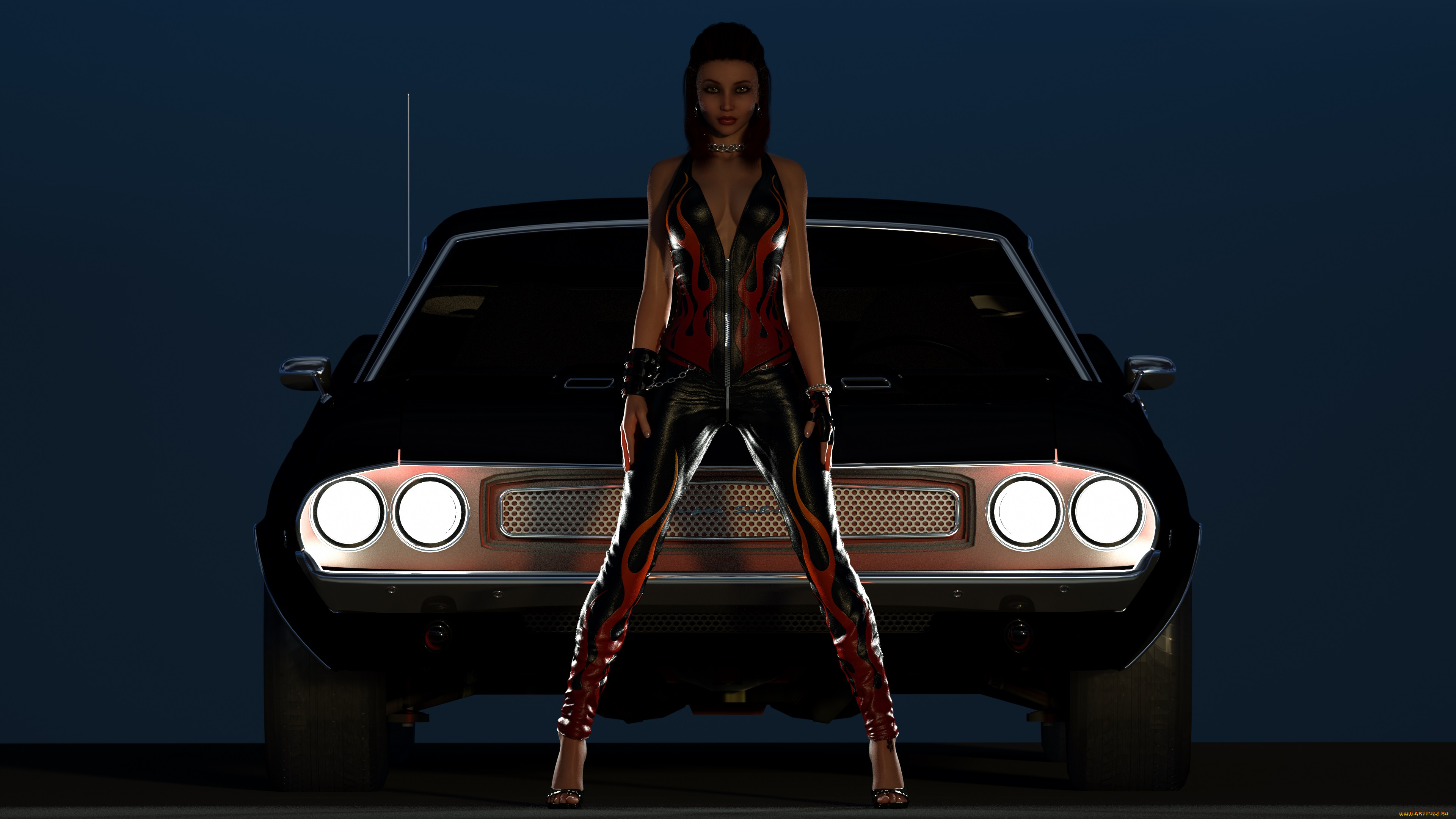 автомобили, 3d, car&girl, автомобиль, фон, взгляд, девушка