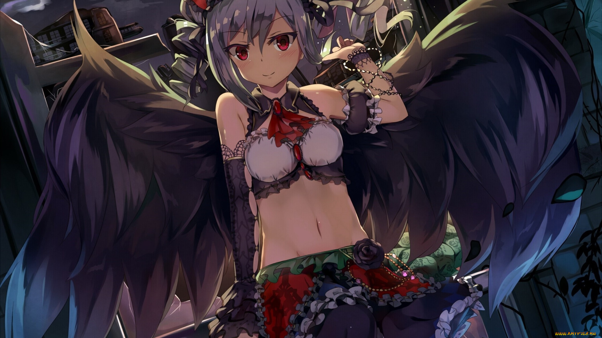 аниме, ангелы, , демоны, фон, взгляд, девушка, крылья