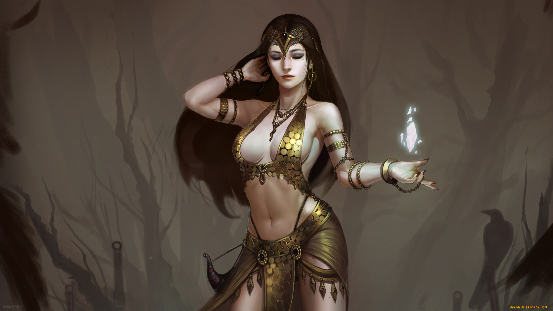 фэнтези, девушки, рог, лес, наряд, магия, девушка