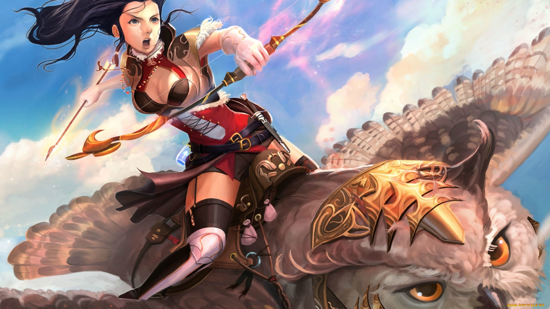 фэнтези, красавицы, и, чудовища, оружие, девушка, взгляд, рыжая, костюм, арт, фантастика