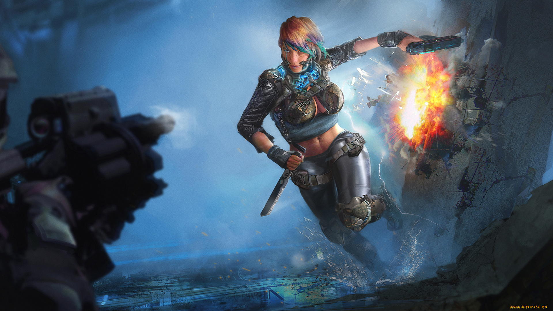 фэнтези, роботы, , киборги, , механизмы, девушка, киборг, пистолет, фантастика, киберпанк, нож