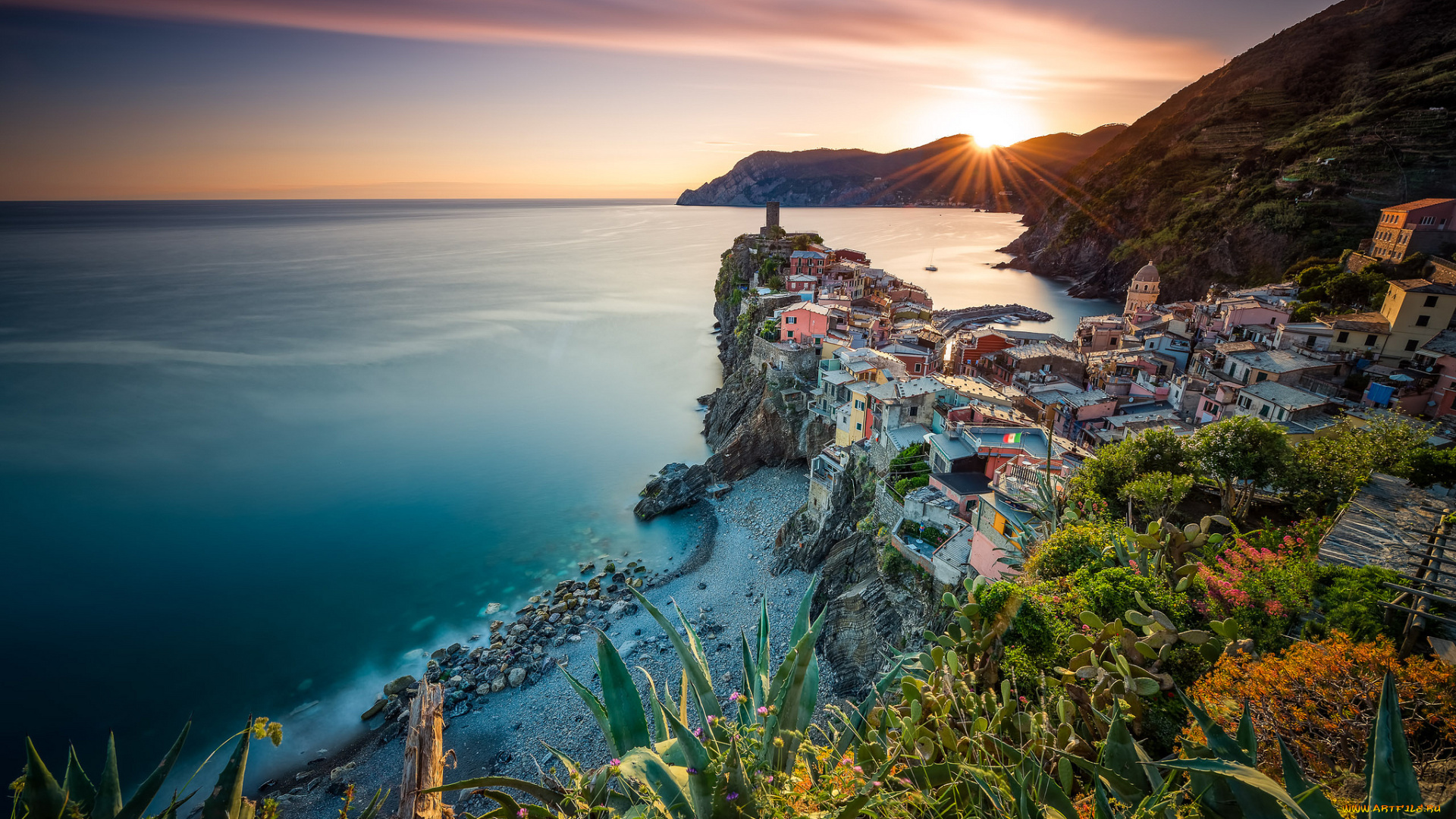golden, vernazza, sunset, города, -, пейзажи, бухта, море, обзор, рассвет