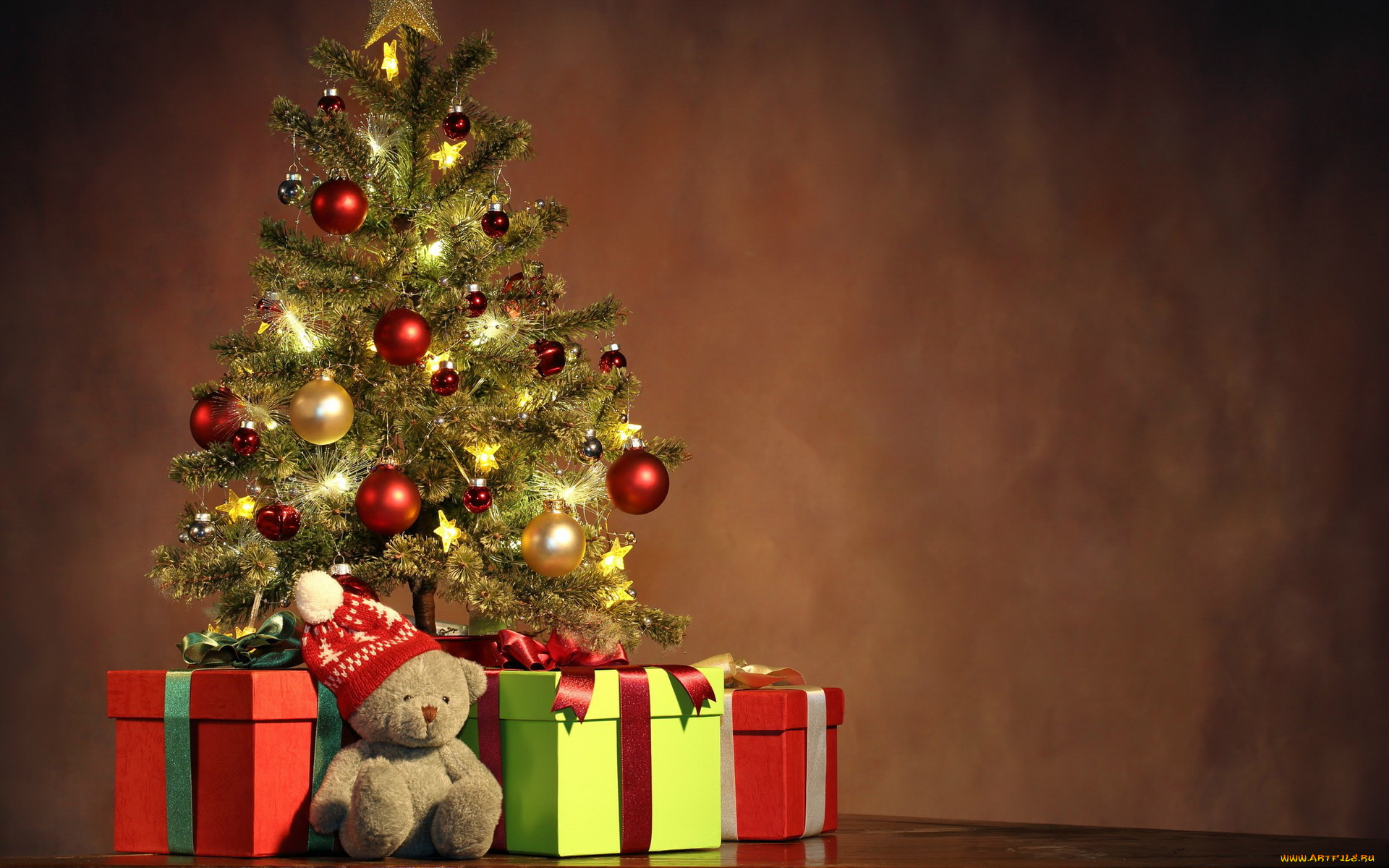 праздничные, Ёлки, коробки, ёлка, украшения, мишка, подарки