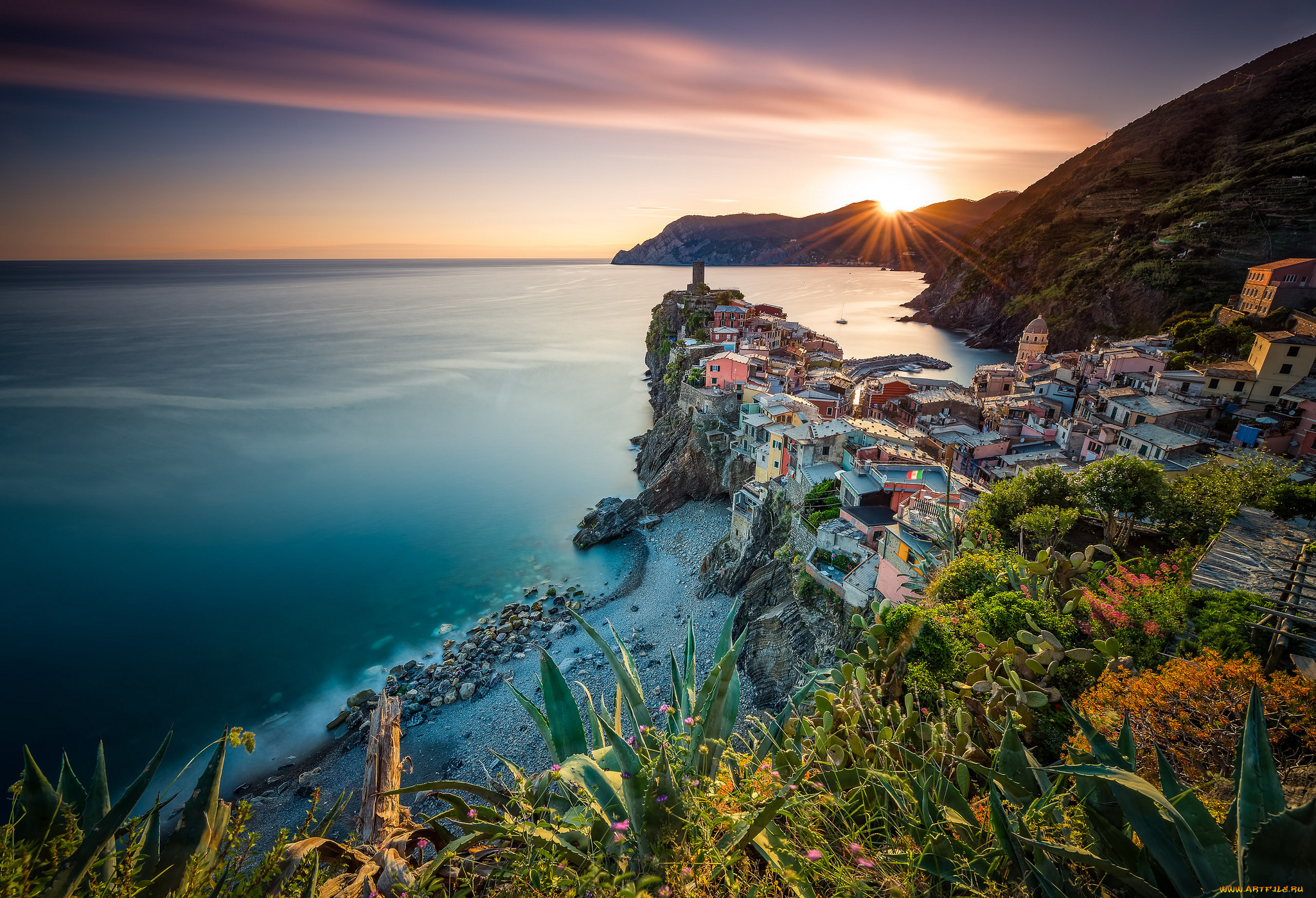golden, vernazza, sunset, города, -, пейзажи, бухта, море, обзор, рассвет