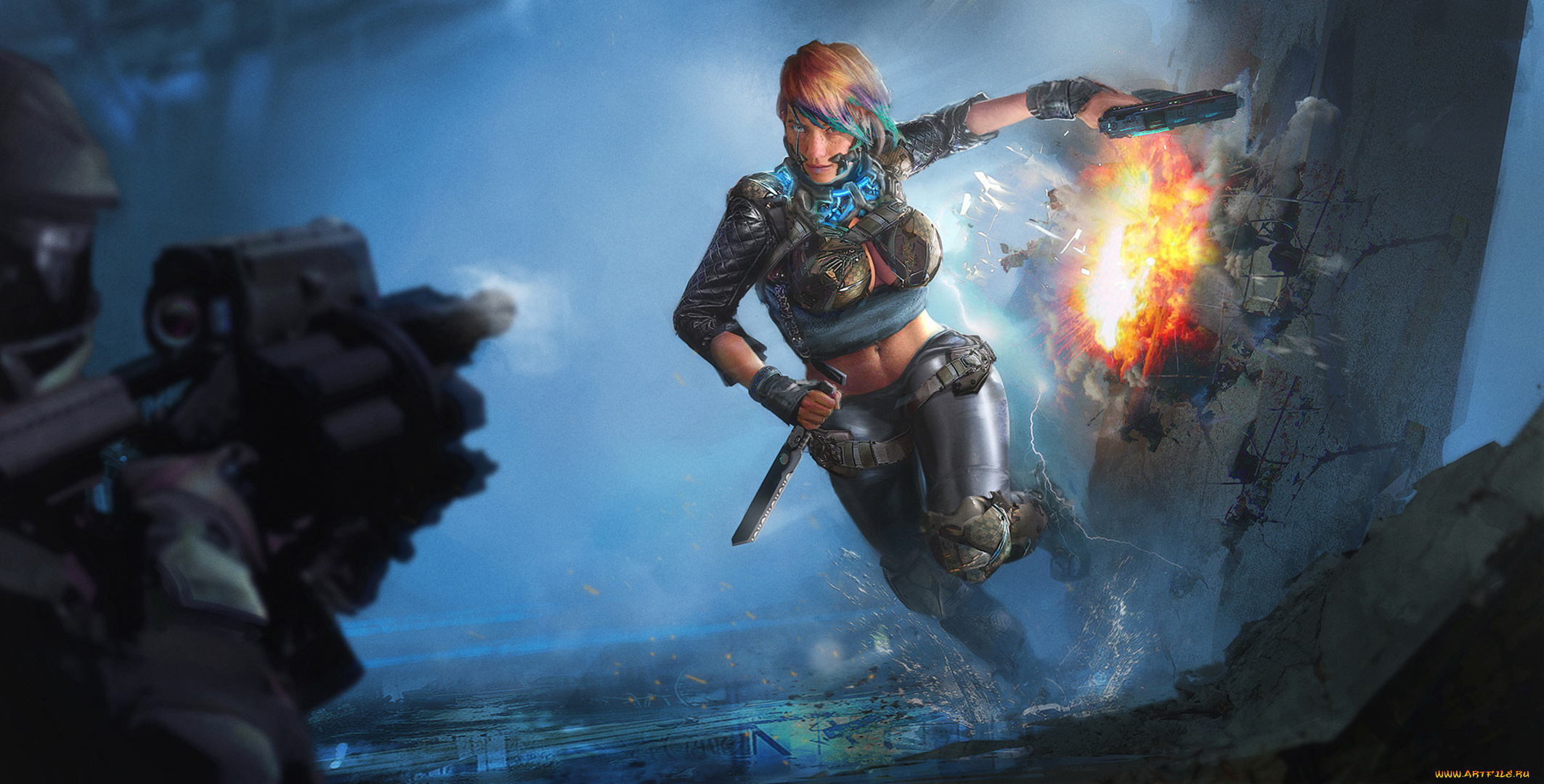 фэнтези, роботы, , киборги, , механизмы, девушка, киборг, пистолет, фантастика, киберпанк, нож