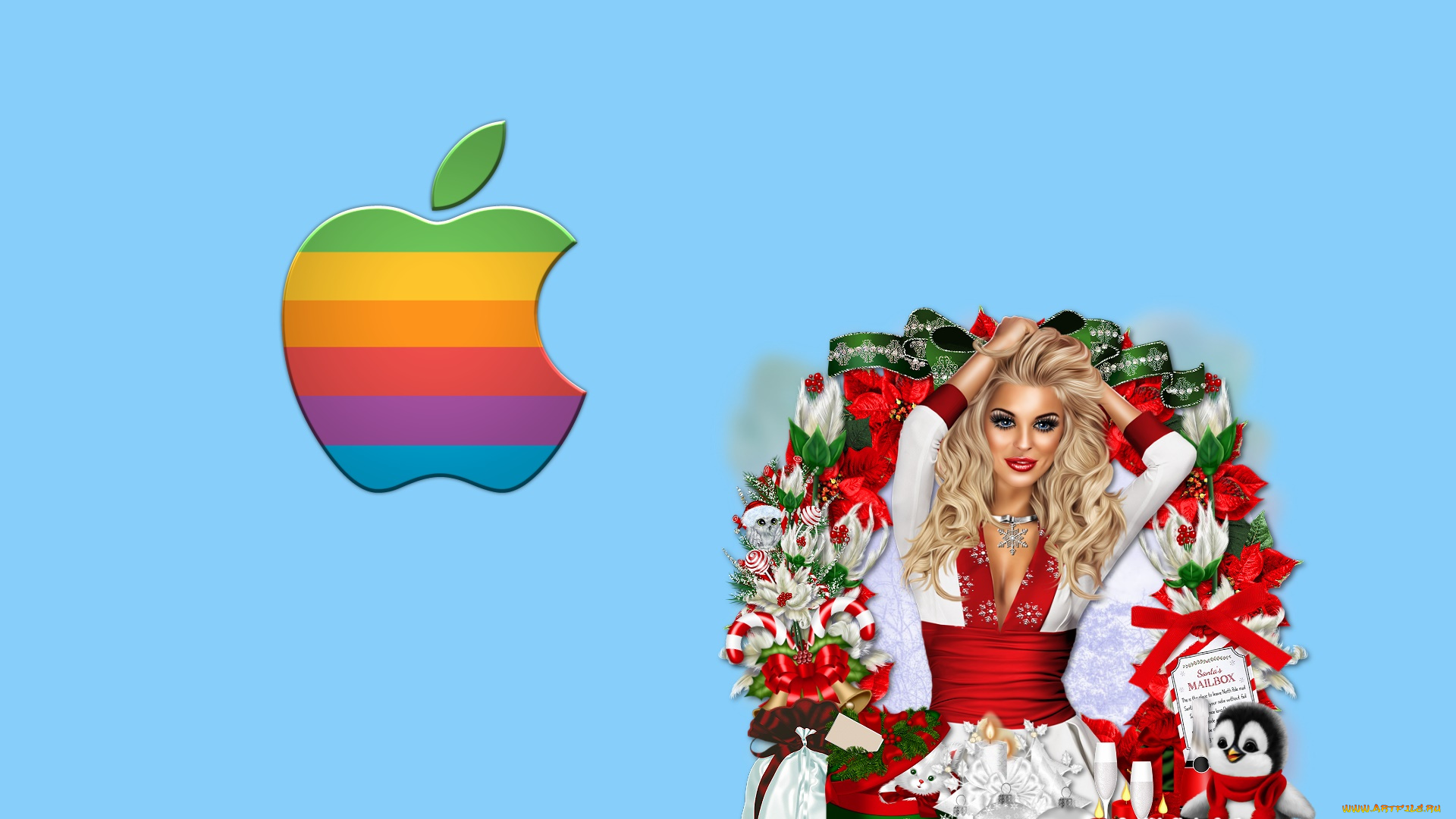 компьютеры, apple, девушка, взгляд, фон, логотип