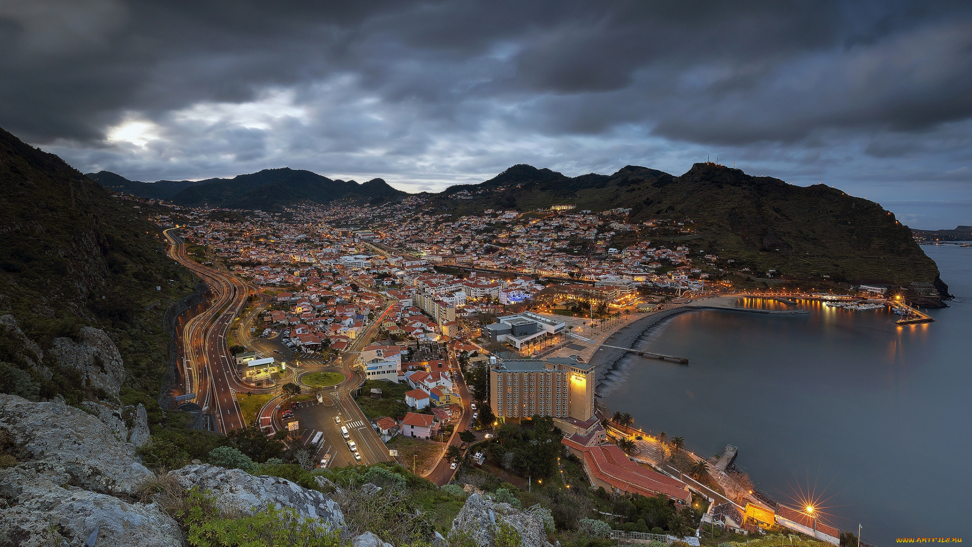 machico, bay, города, -, панорамы, побережье, залив, мачико, португалия, остров, мадейра