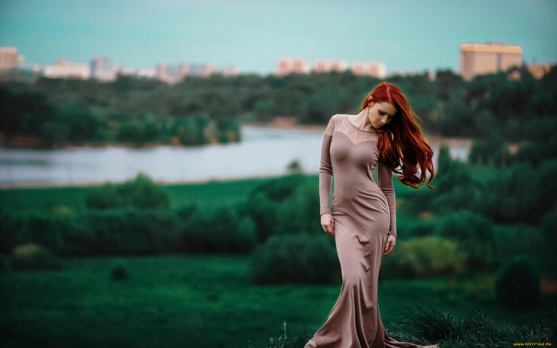 девушки, -unsort, , рыжеволосые, и, другие, зелень, река, платье, рыжая