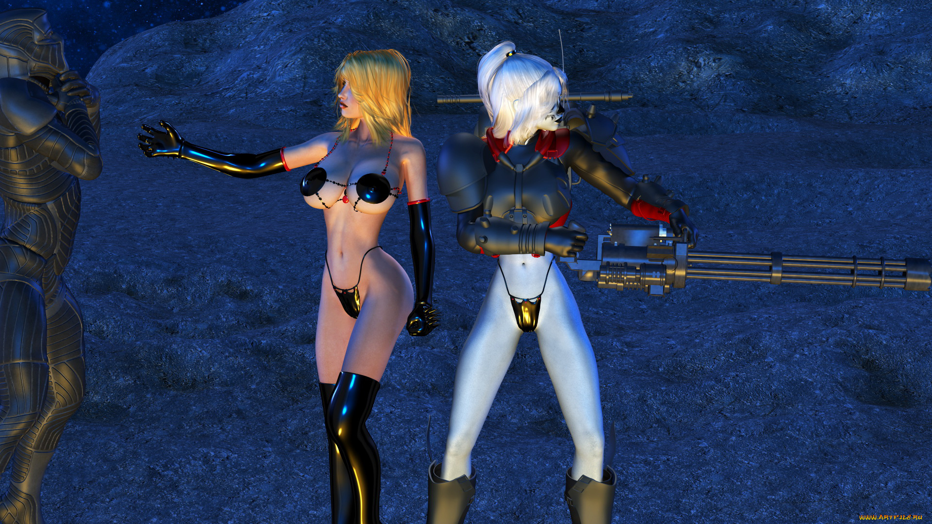 3д, графика, фантазия, , fantasy, девушки, фон, пулемет, униформа