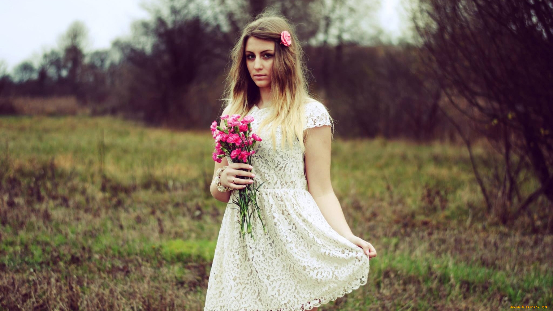 девушки, -, блондинки, , светловолосые, кружевное, платье, букет, гвоздики