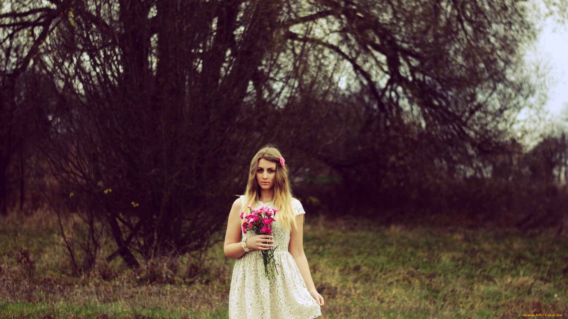 девушки, -, блондинки, , светловолосые, кружевное, платье, букет, гвоздики