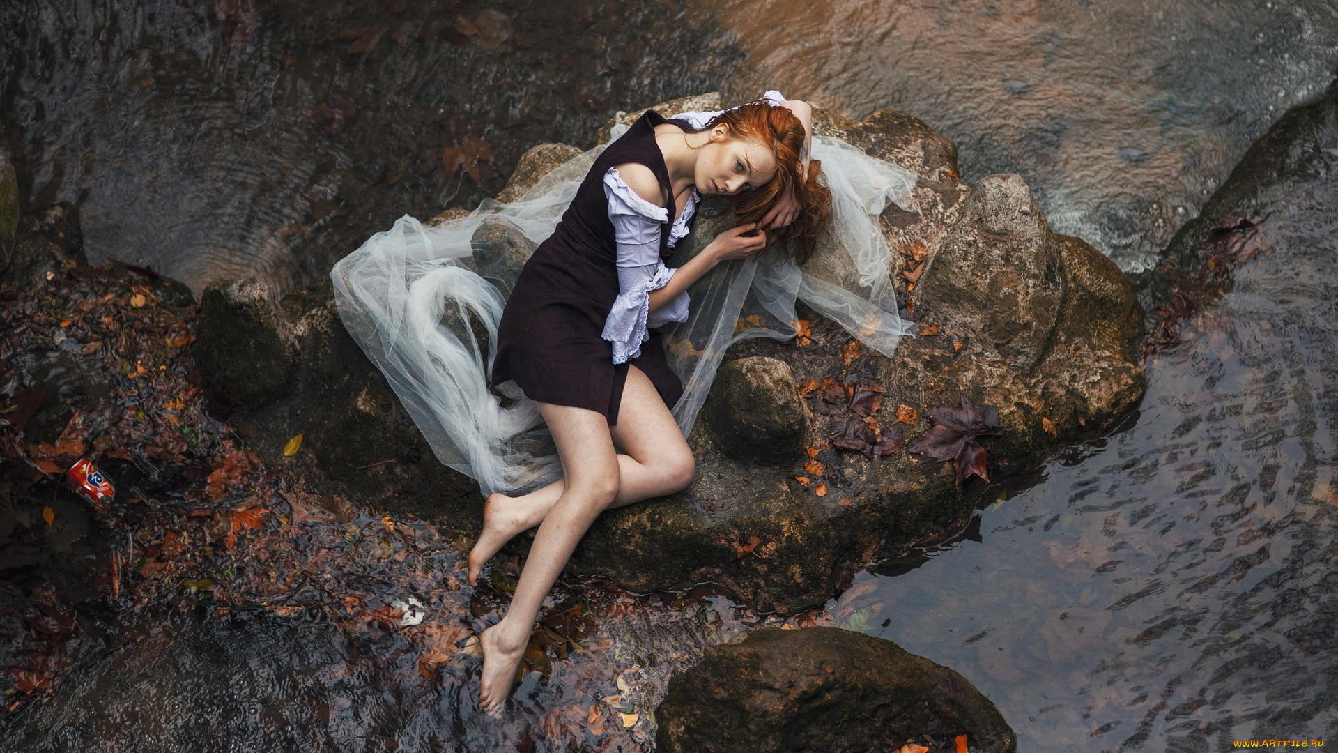 девушки, -, рыжеволосые, и, разноцветные, камни, вода