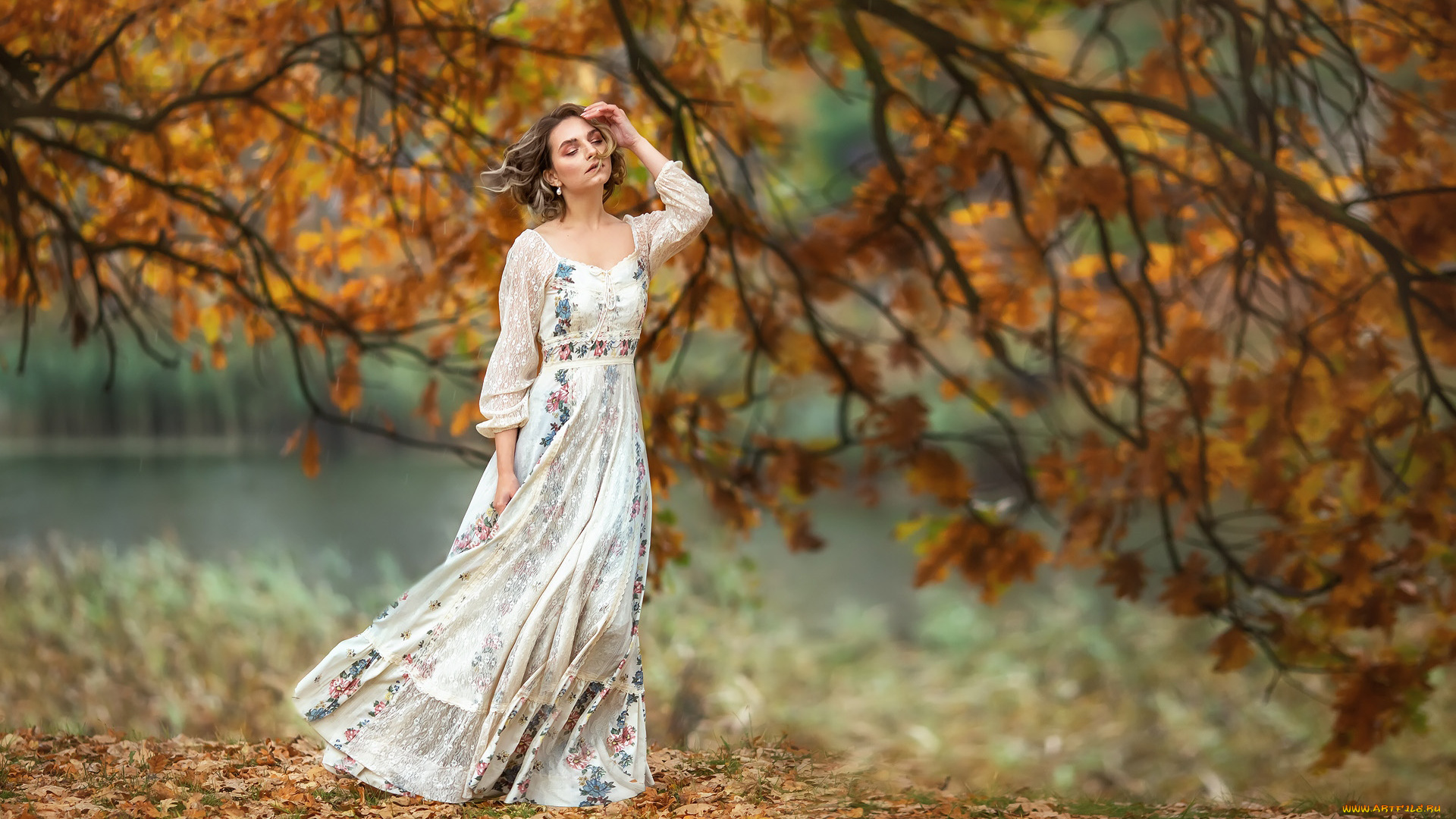 девушки, -, рыжеволосые, и, разноцветные, осень, листопад