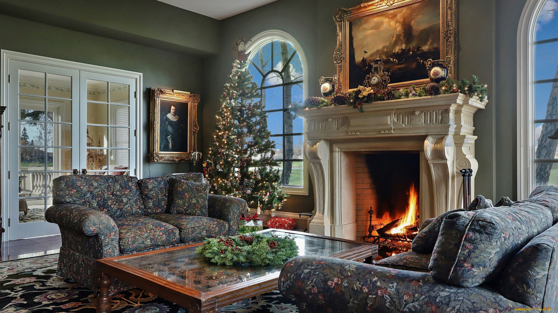 праздничные, новогодний, очаг, елка, камин, венок