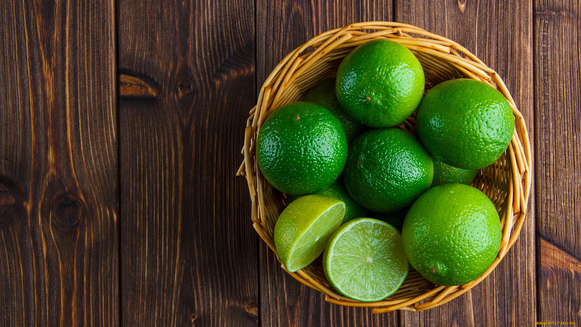 еда, цитрусы, корзинка, лаймы