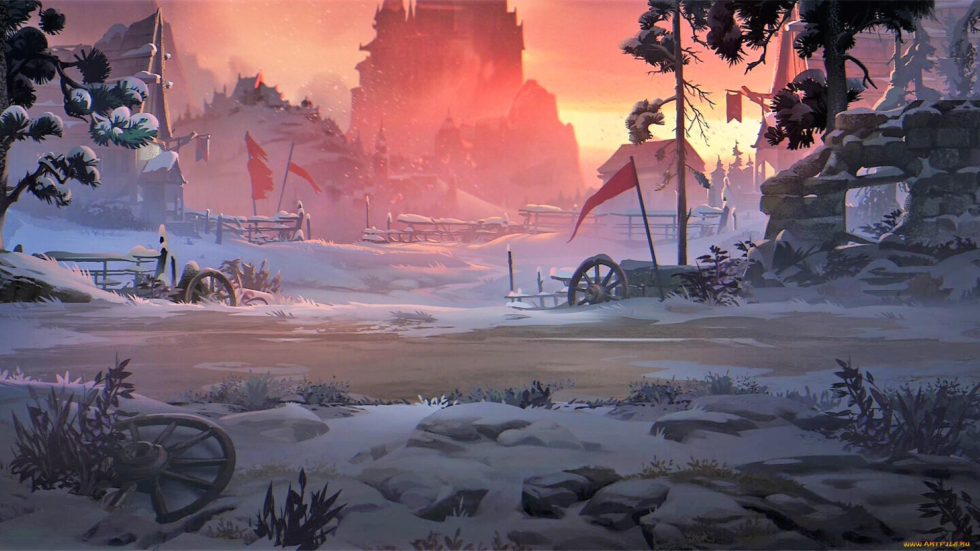 фэнтези, замки, замок, снег, колеса, флаги