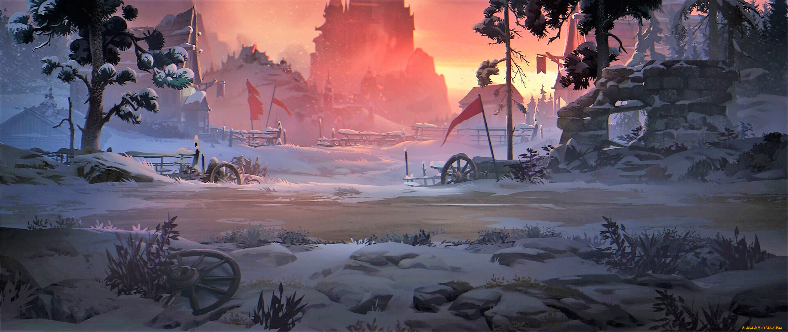 фэнтези, замки, замок, снег, колеса, флаги