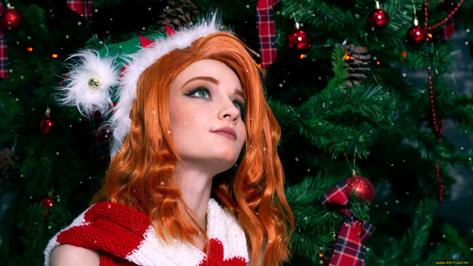девушки, kirdjava, рыжая, шапка, шарф, ёлка