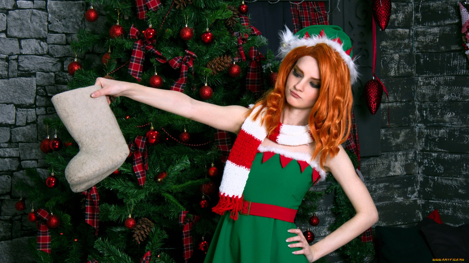 девушки, kirdjava, рыжая, шарф, костюм, валенки, ёлка