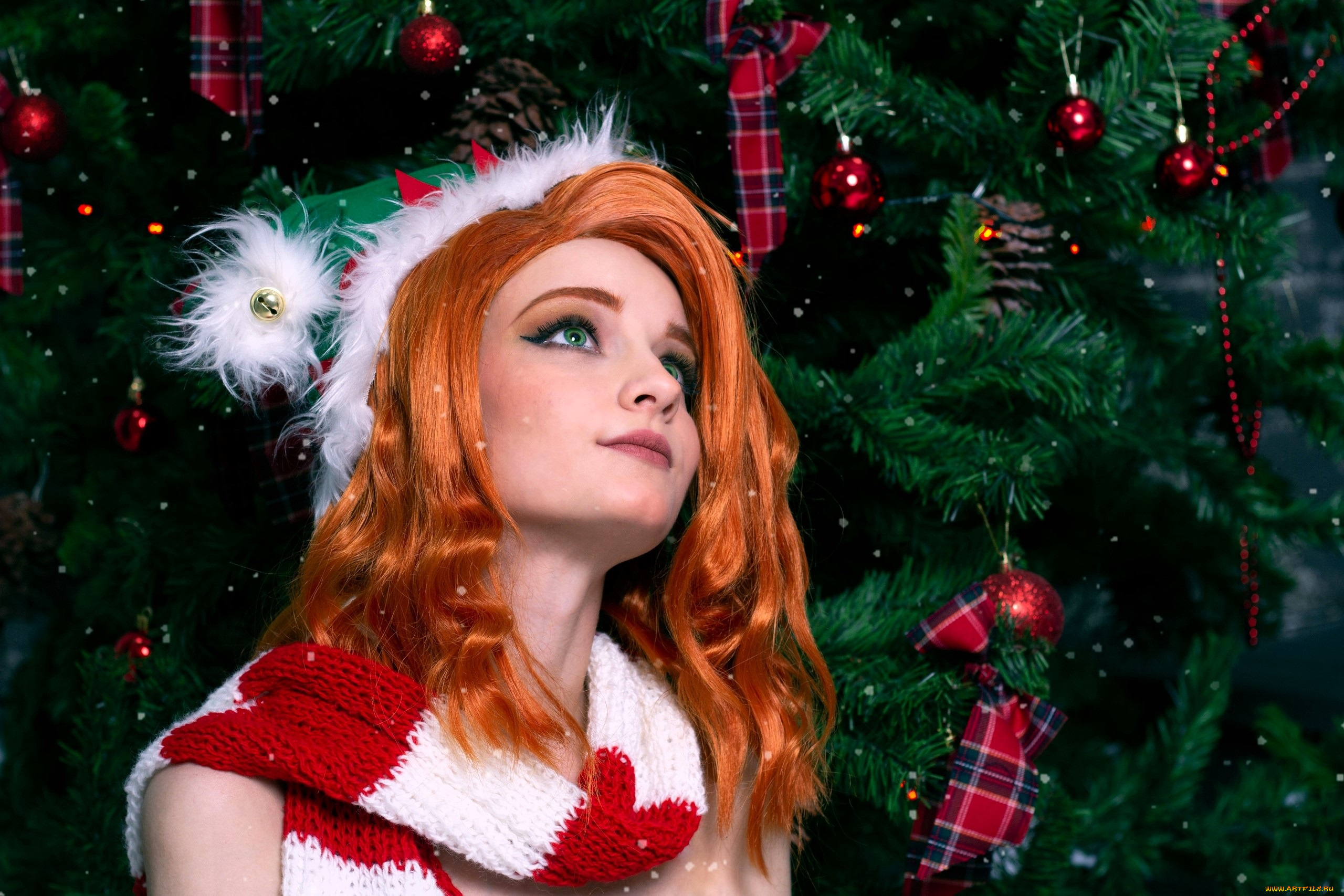 девушки, kirdjava, рыжая, шапка, шарф, ёлка