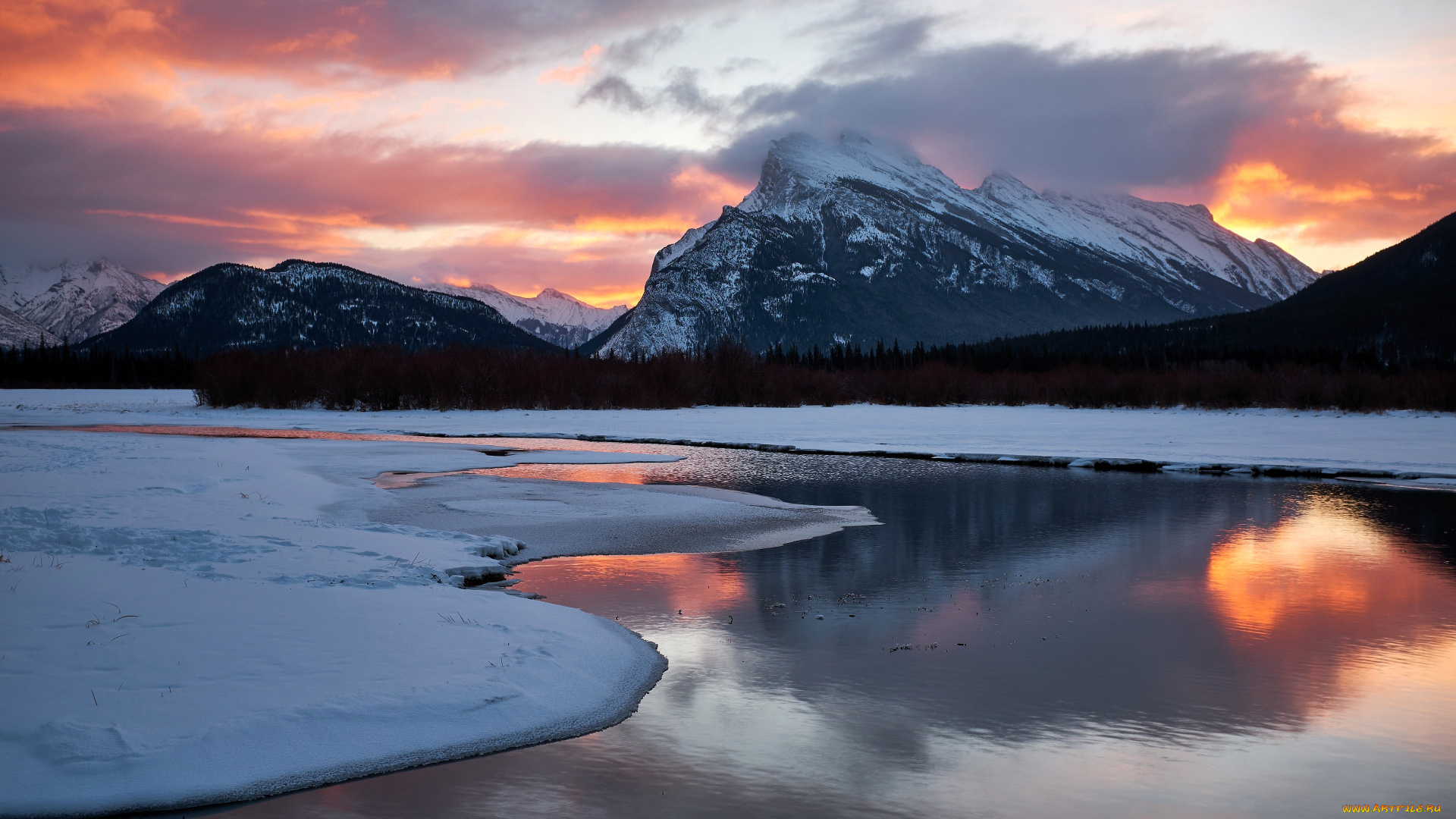 природа, реки, озера, горы, снег, лес, лед, река, закат