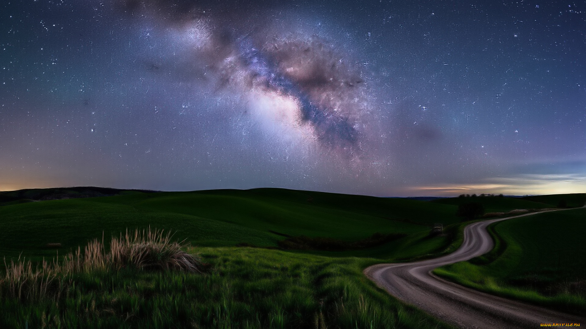 разное, компьютерный, дизайн, небо, сумерки, звезды, поле, дорога, трава, холмы