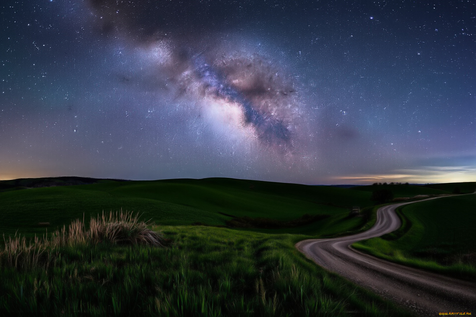 разное, компьютерный, дизайн, небо, сумерки, звезды, поле, дорога, трава, холмы