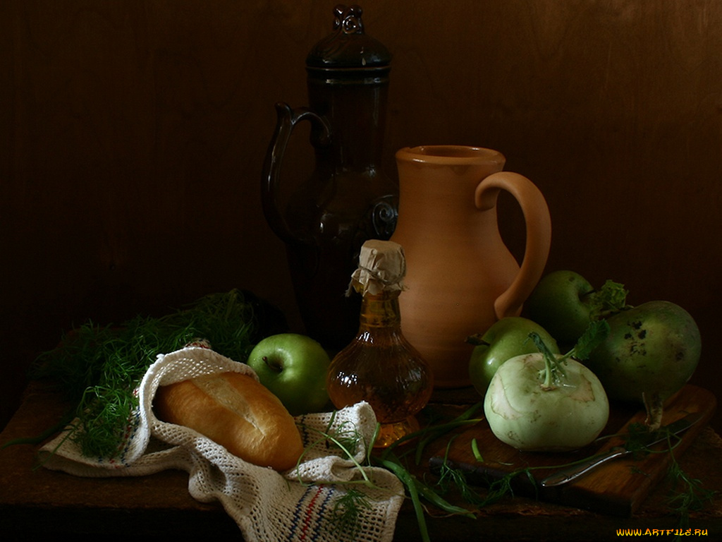 ира, быкова, кувшины, хлеб, еда, натюрморт