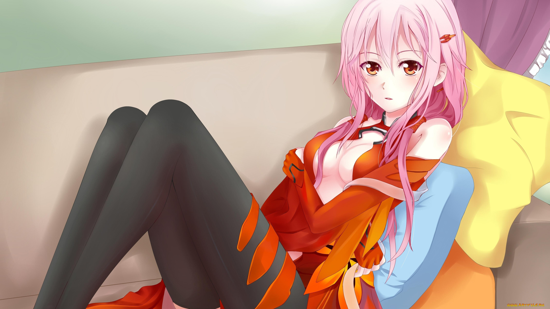 аниме, guilty, crown, корона, вины, девушка, взгляд, диван