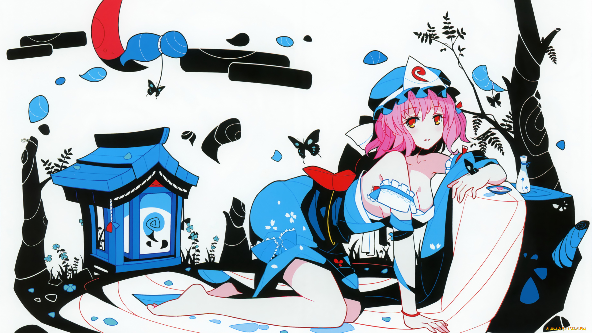 аниме, touhou, девушка, домик, пень, день, платье, сакэ