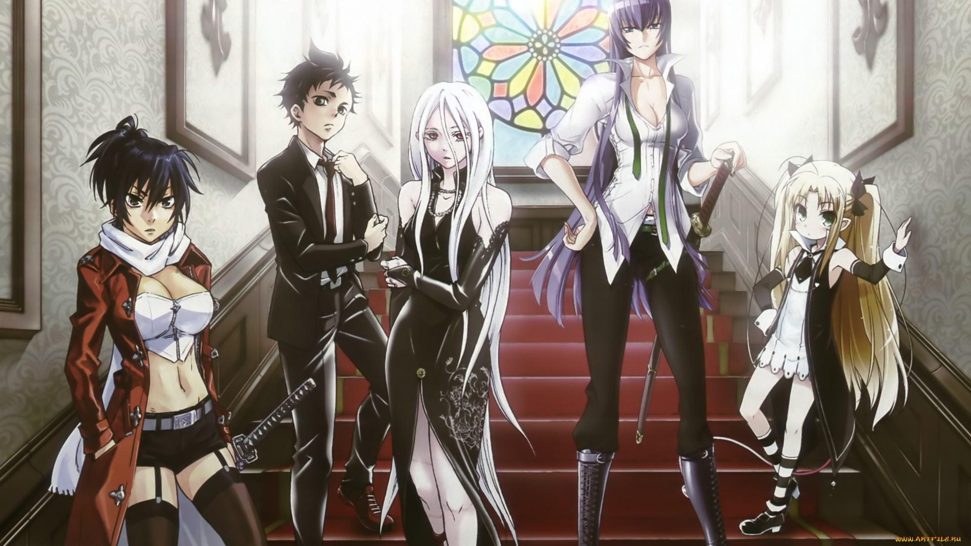 аниме, *unknown, другое, катана, меч, парень, лестница, девушки, свет