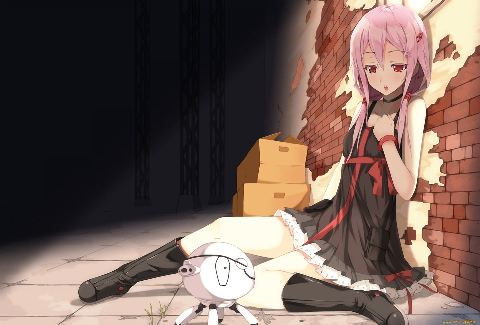 аниме, guilty, crown, yuzuriha, inori, сидит, робот, девушка, fyu-neru, коробки, стена