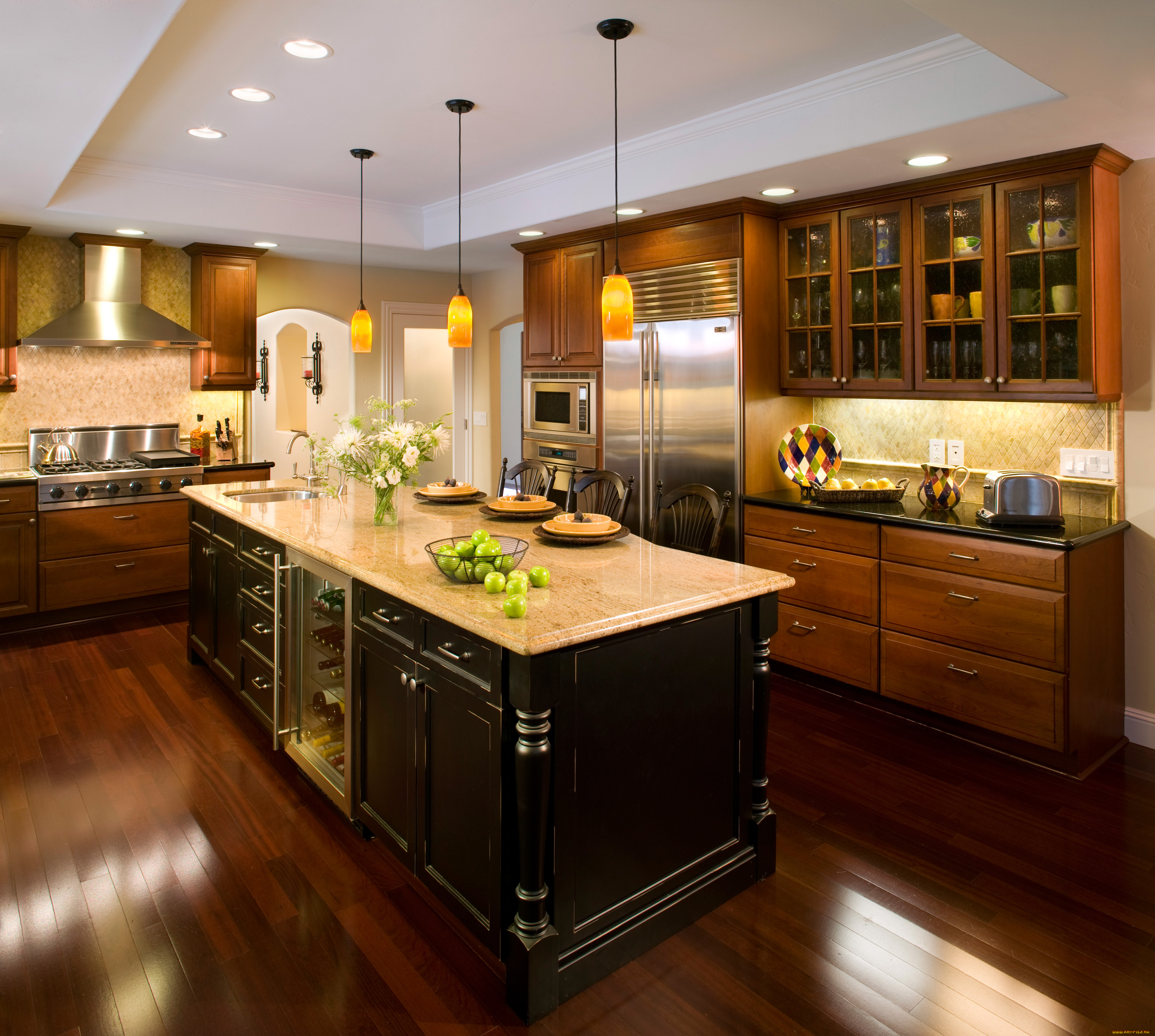 интерьер, кухня, мебель, цветы, яблоки