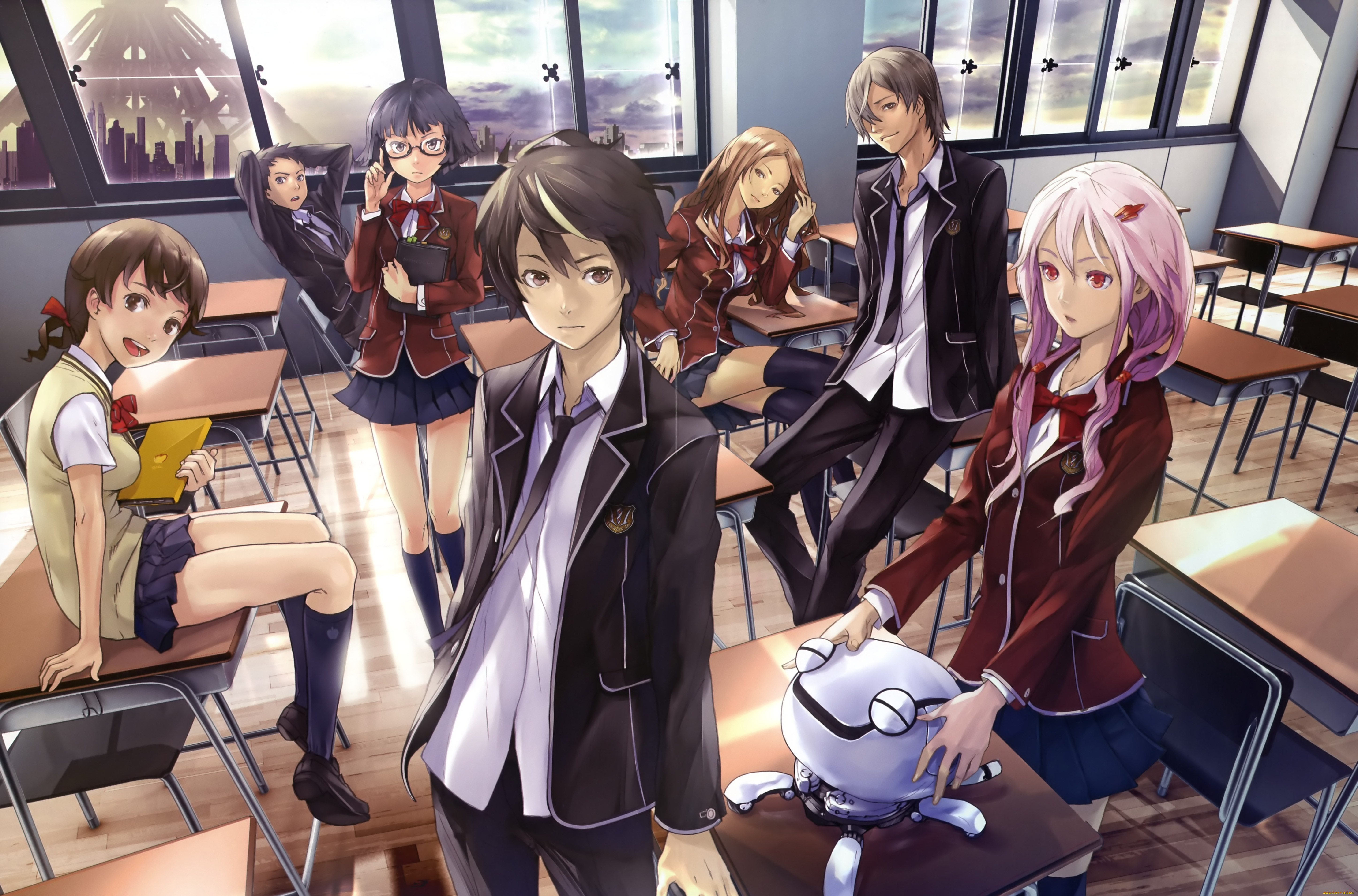 аниме, guilty, crown, девушки, класс, школа, одноклассники, парни