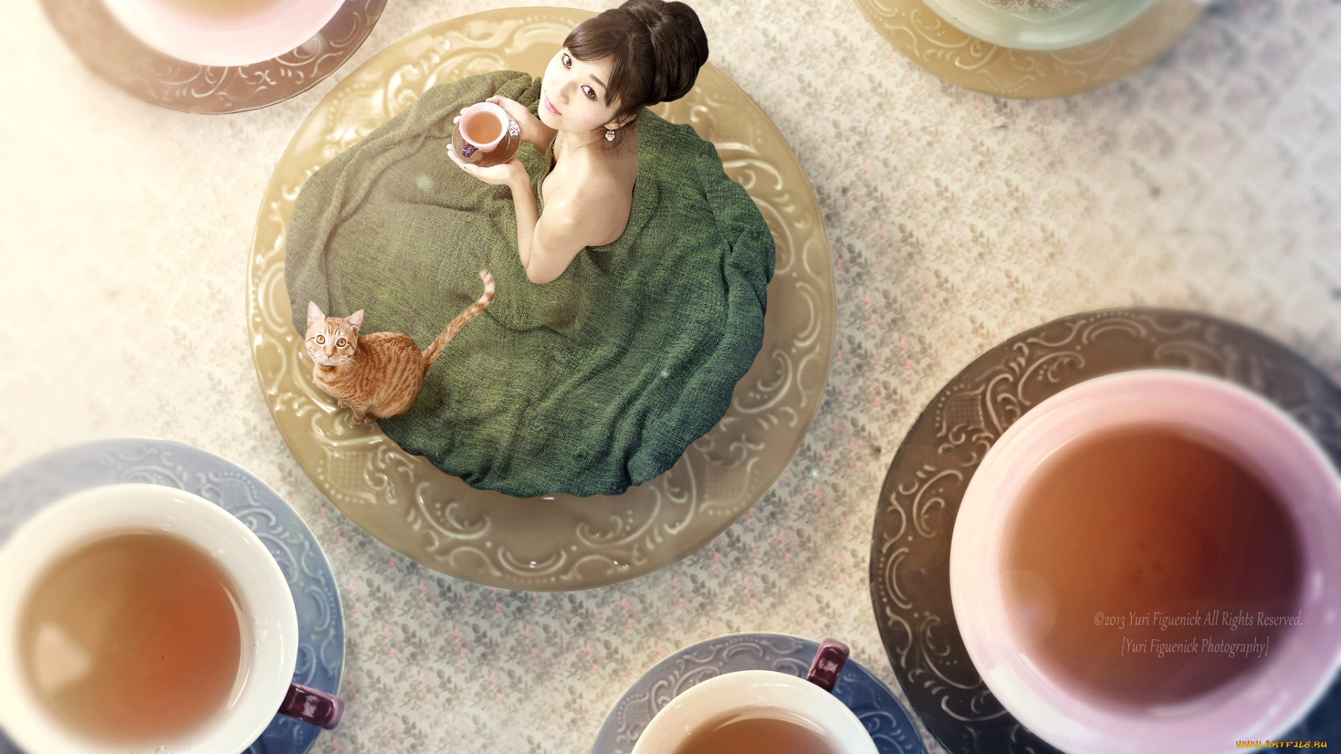 -Unsort, Азиатки, девушки, unsort, азиатки, чашки, кот, чай