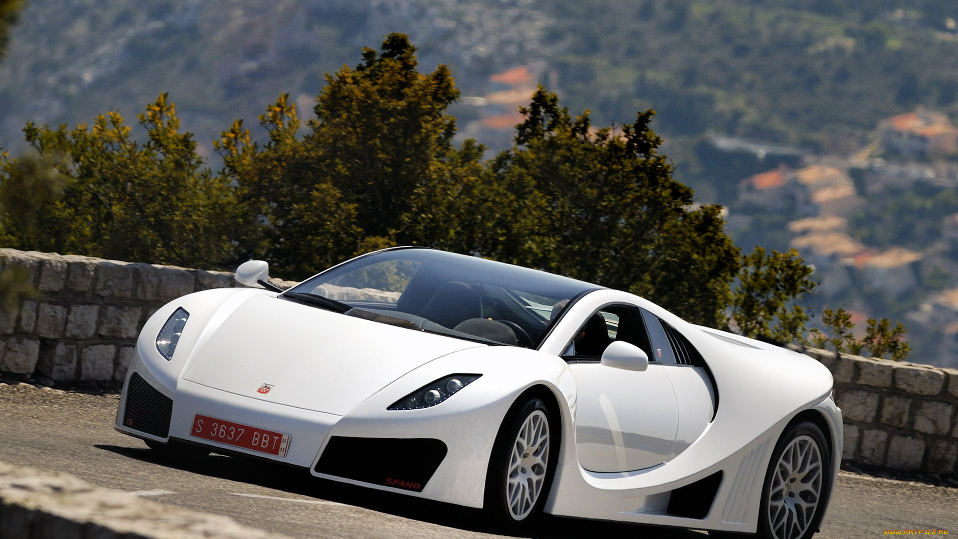 автомобили, gta, spano, кусты, белый, суперкар, spano, дорога, гора, gta