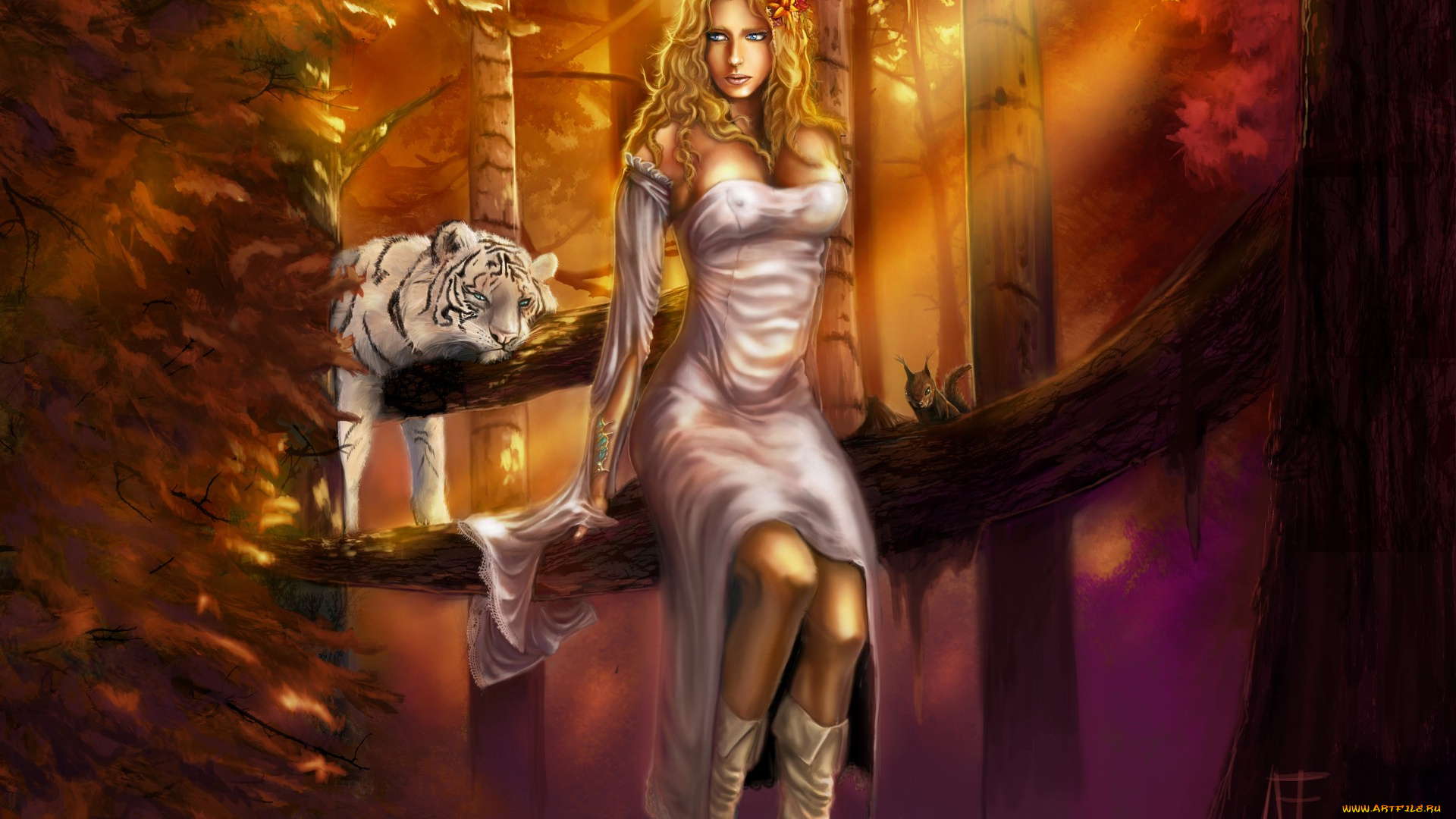 фэнтези, девушки, лицо, девушка, хищник, деревья, белый, тирг, сапожки, платье, ветки, голубые, глаза, взгляд, волосы, сидит, роза, цветок