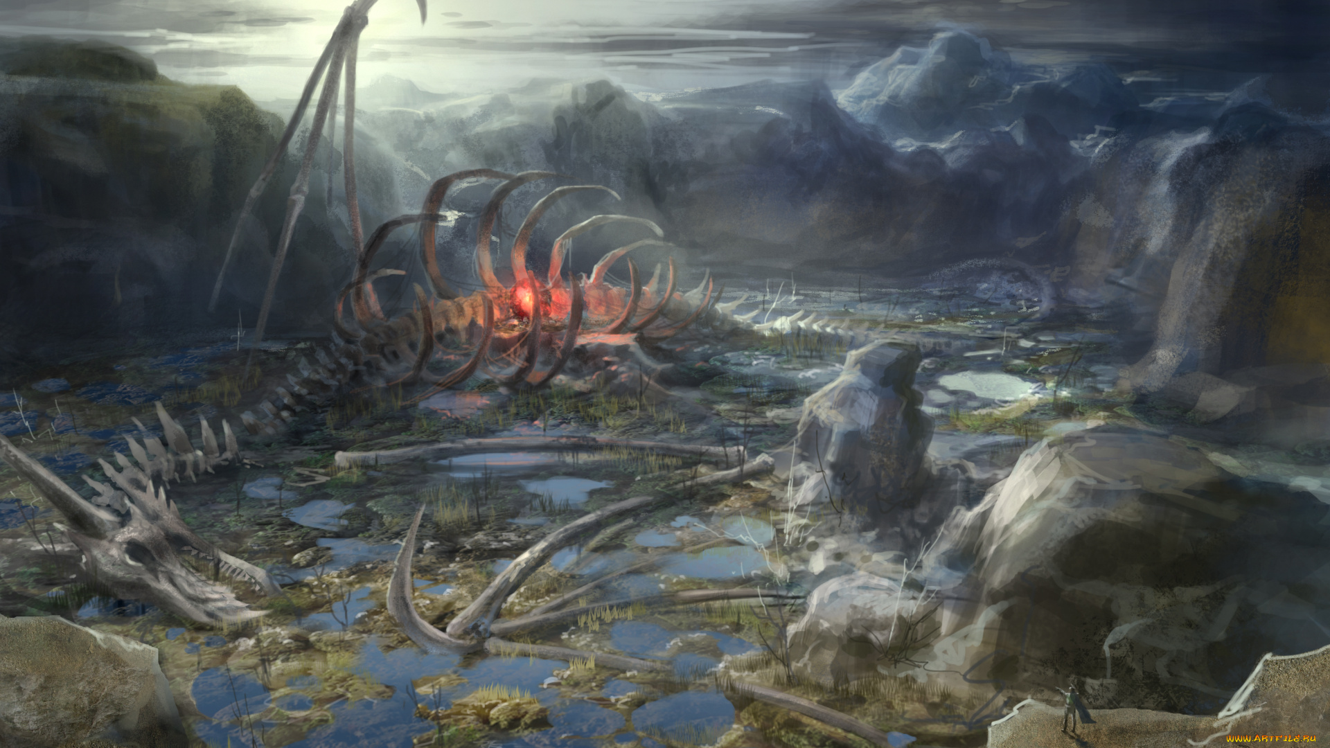 фэнтези, драконы, скелет, кости, болото, мир, иной, дракон