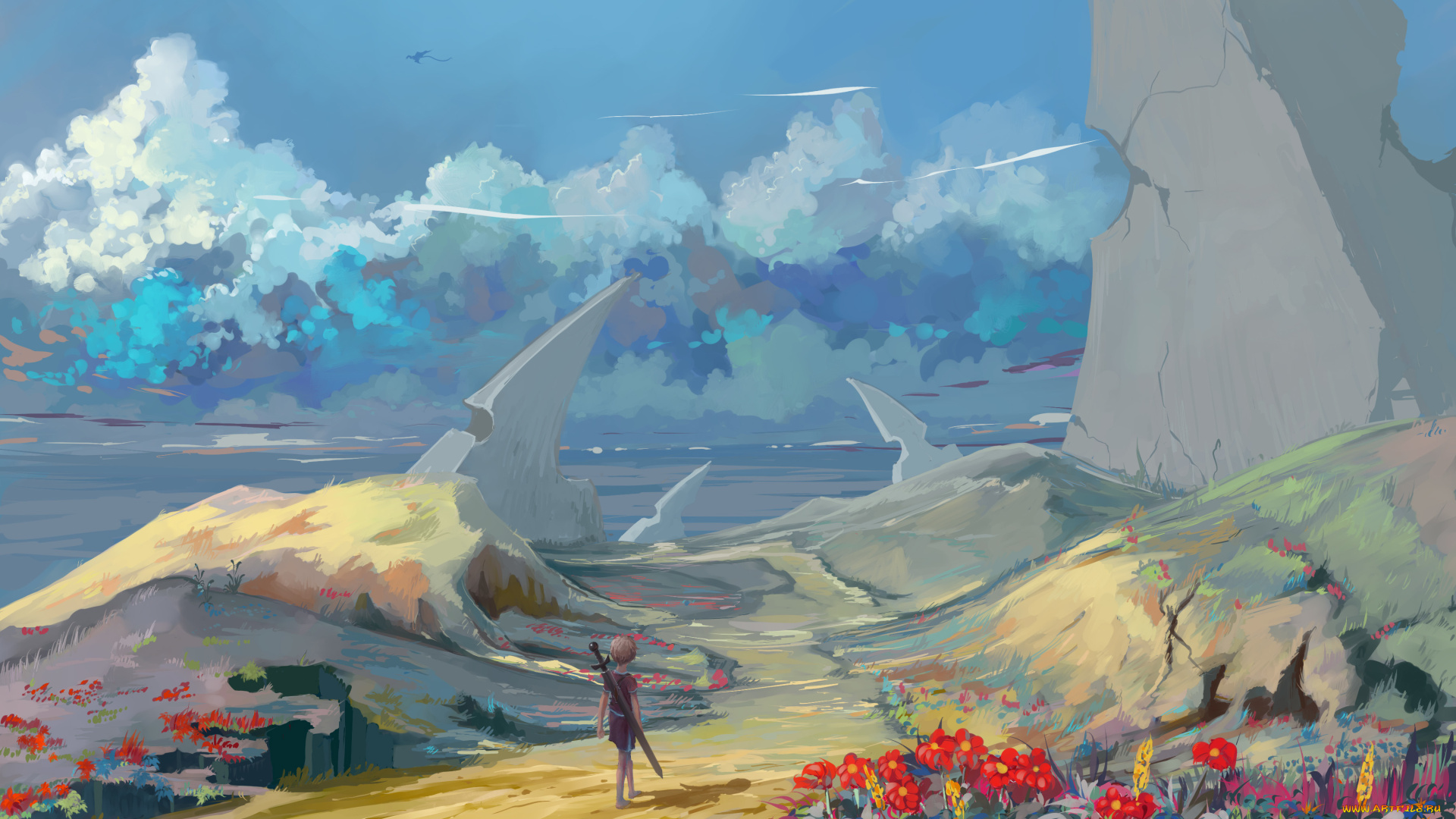 фэнтези, иные, миры, , иные, времена, цветы, дорога, меч, мир, обелиски, ребенок, иной