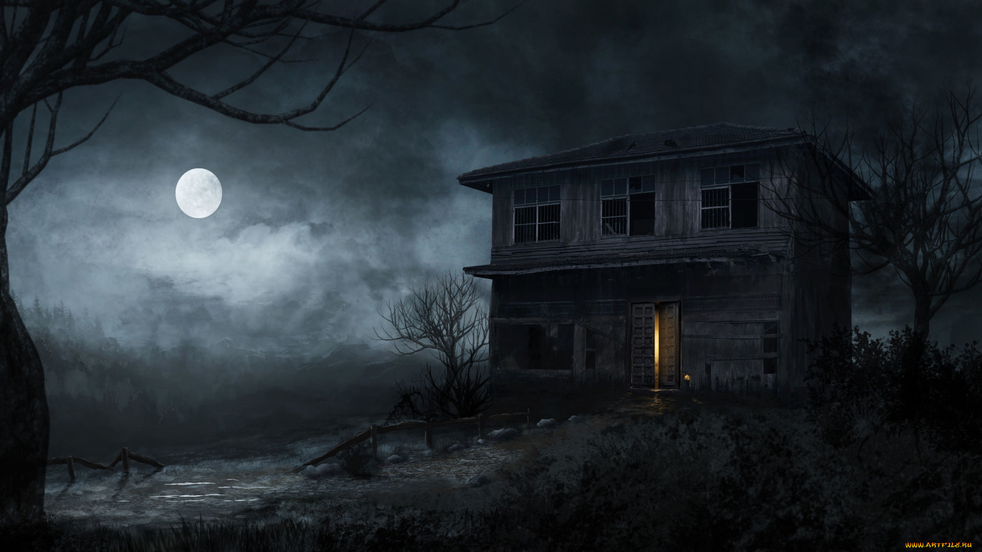 фэнтези, иные, миры, , иные, времена, заброшенный, луна, полная, ночь, деревья, свет, дом