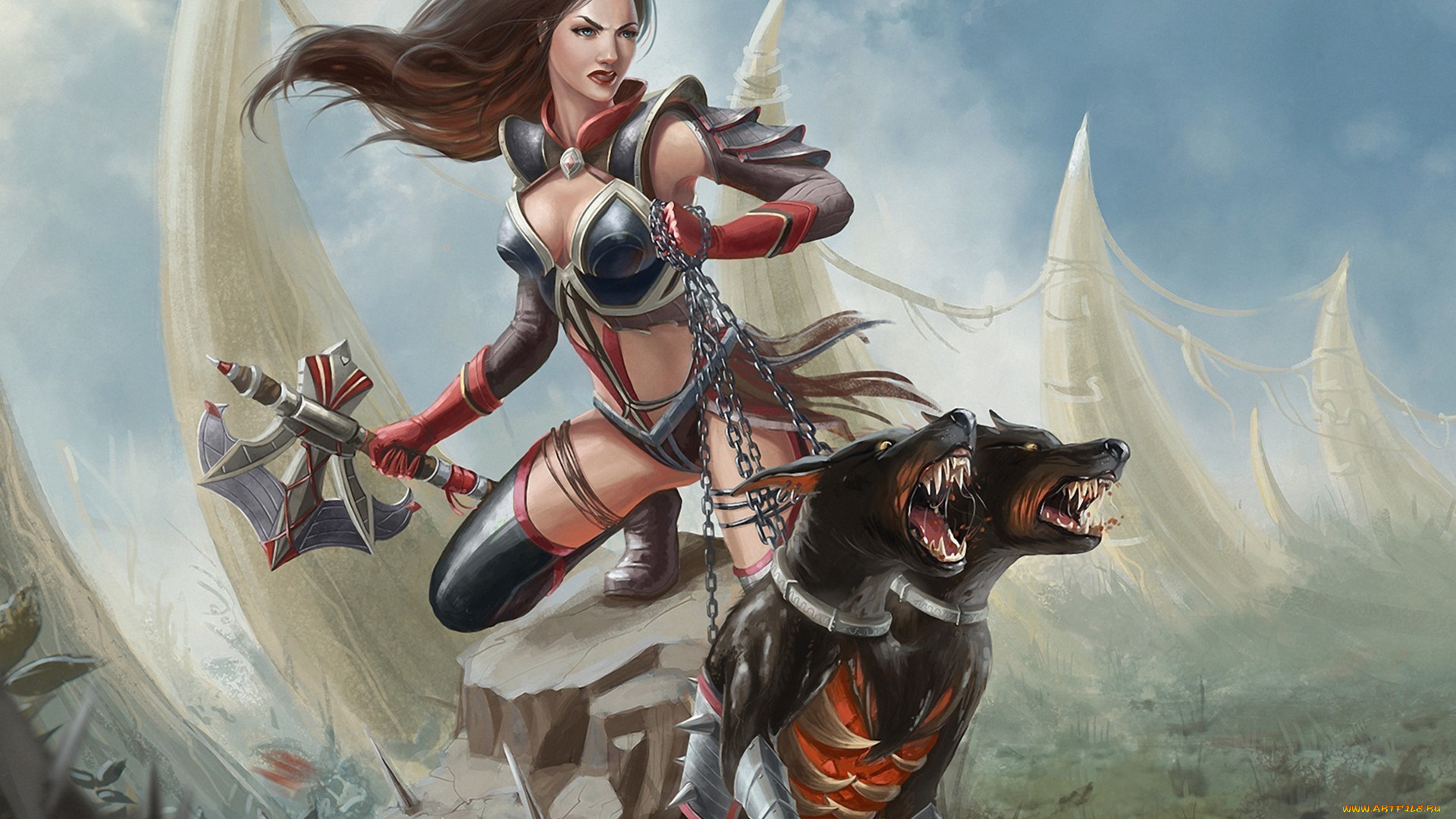 фэнтези, красавицы, и, чудовища, цепи, топор, девушка, адский, ошейники, двухголовый, пес, монстр