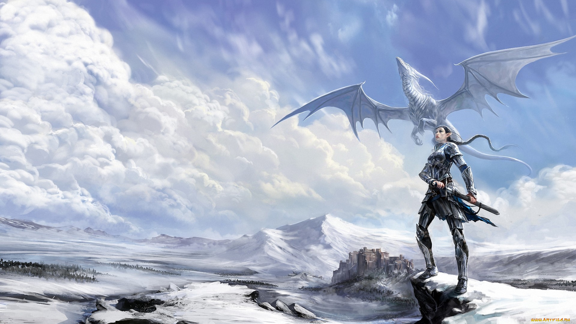 фэнтези, красавицы, и, чудовища, замок, дракон, воин, доспехи, эльф, меч, зима