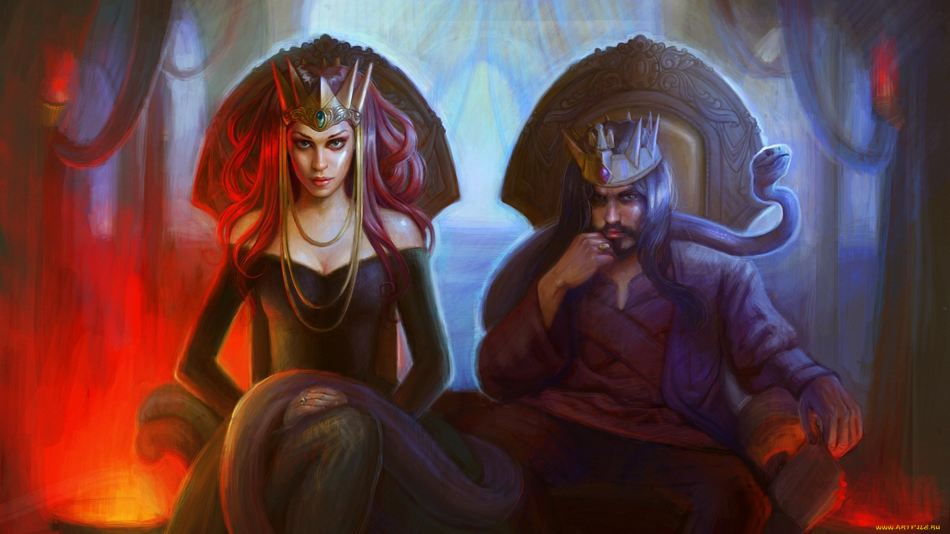 фэнтези, люди, удав, змея, короны, троны, королева, король