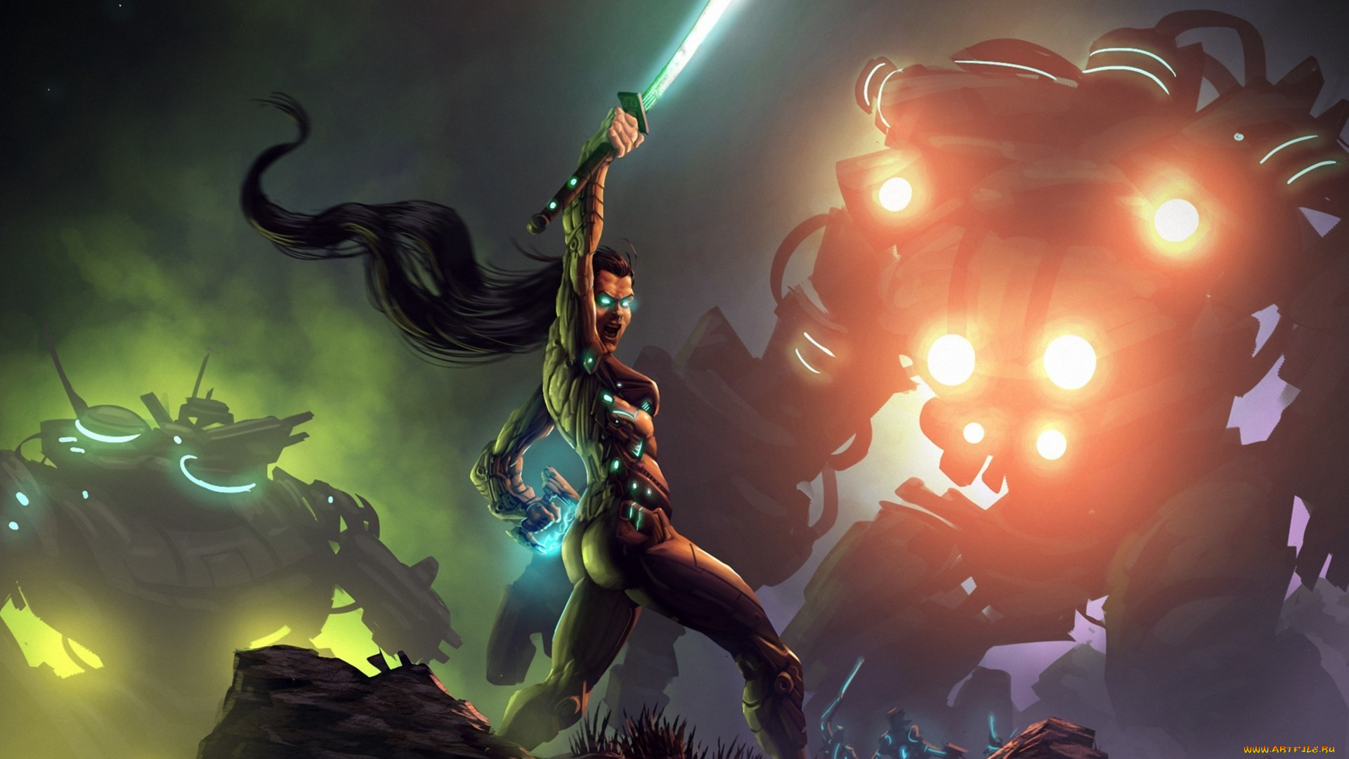 фэнтези, роботы, , киборги, , механизмы, сражение, меч, киборги